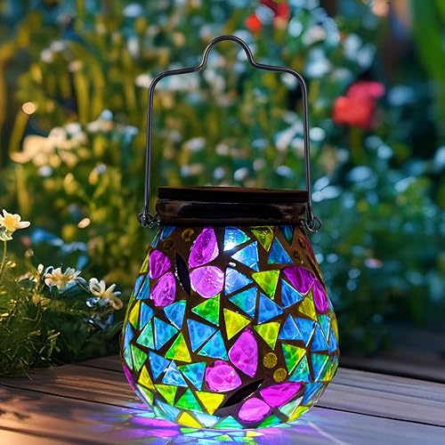 Miniatura 6 de Afirst - Faroles solares de mosaico  Luces colgantes de cristal con diseño de mariposa ahuecadas, impermeables, decorativas al aire libre para