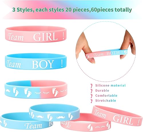 Miniatura 3 de Hicarer 60 pulseras de revelación de género para equipo y niña, pulseras de silicona para baby shower, revelación de género, suministros de fiesta,