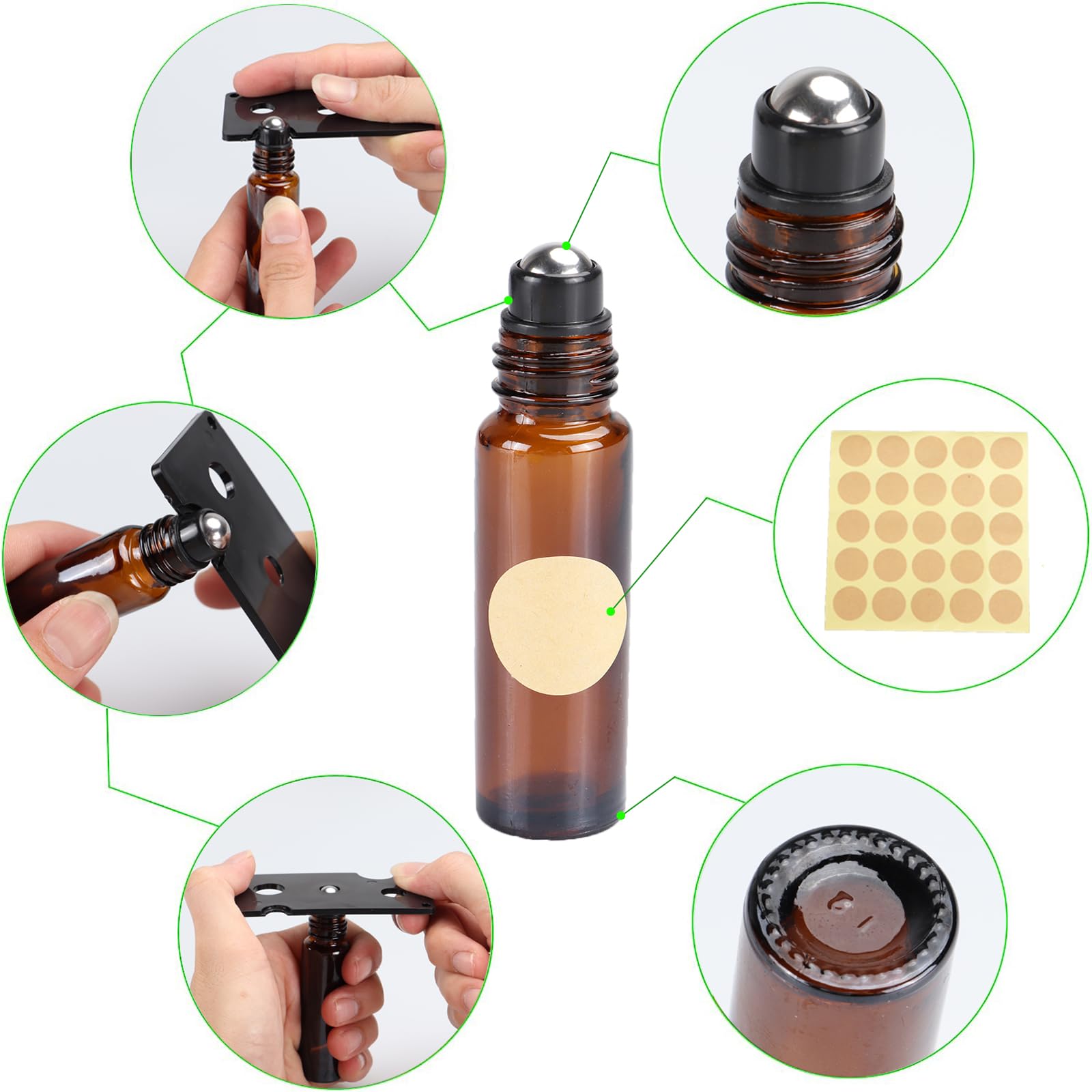Roll on Aceites Esenciales 10ml, 12 pcs Roll On Rellenable con Roll-on Bola de Acero Inoxidable, Essential Oil Bottle, Marrón Botellas Roll On Cristal para Perfumes, Masajes, Aromaterapia
