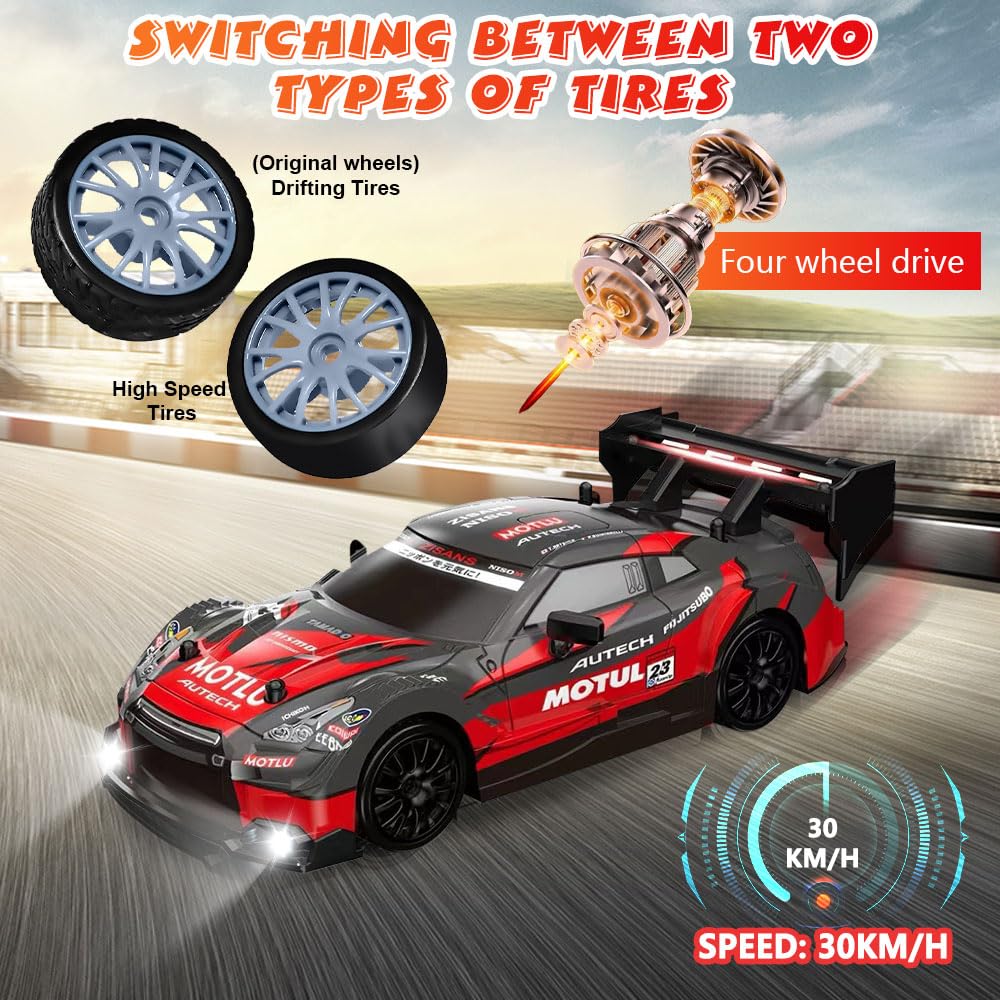 KUWUNG RC Drift Car, 1:24 Remote Control Cars with Cool LED Lighting, 2.4 GHz Rechargeable Mini RC Drift Car, 30km/h, 4WD Toy Vehicle Gift for Kids and Adults (Red) - Image 3