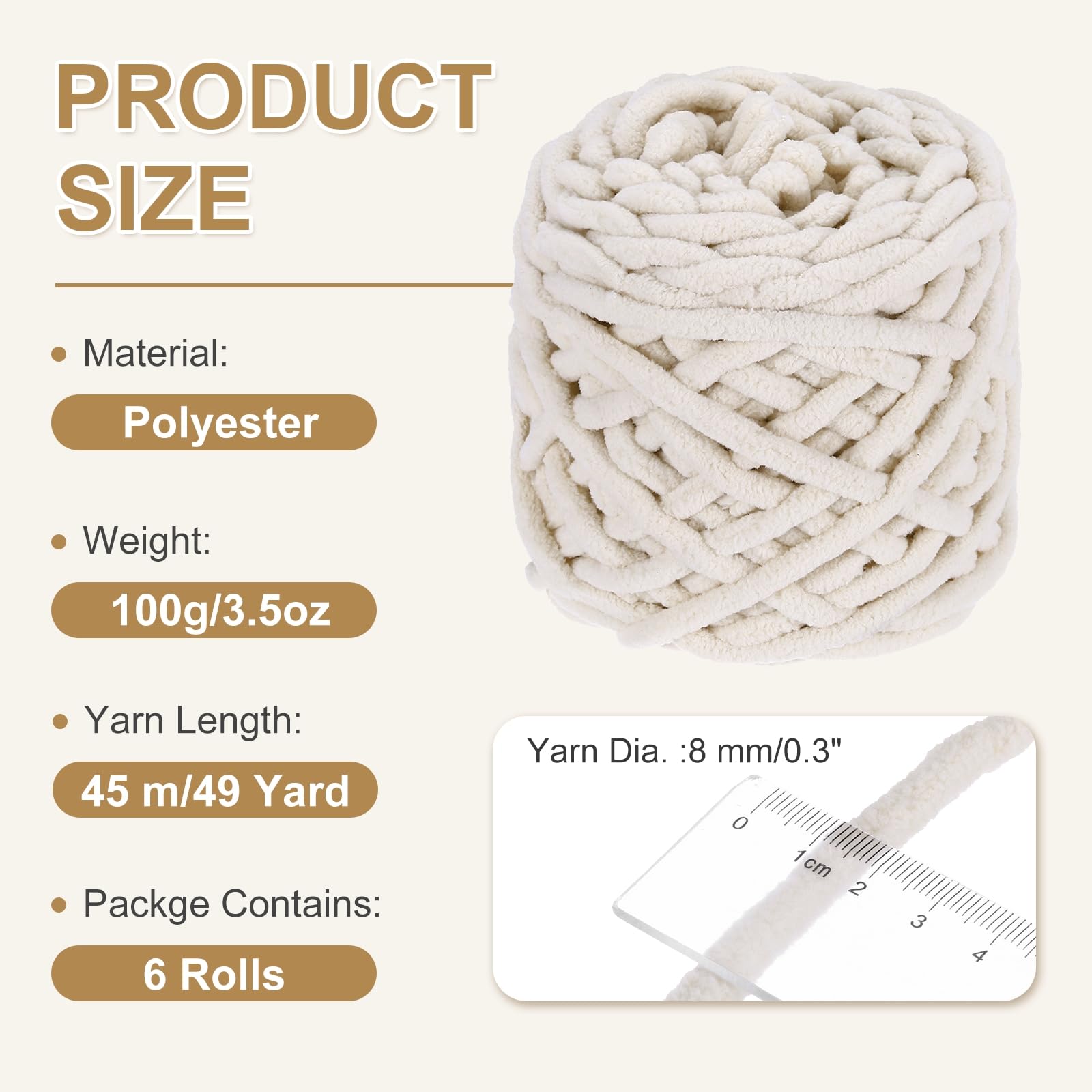 QUARKZMAN 6 Pezze Filato Per Coperta 45 Metri Filato Chenille Beige | Morbido Velluto Peluche Spesso, Per Coperta Morbida Scialpe Sciarpe Lavoro A Maglia A Mano Artigianato