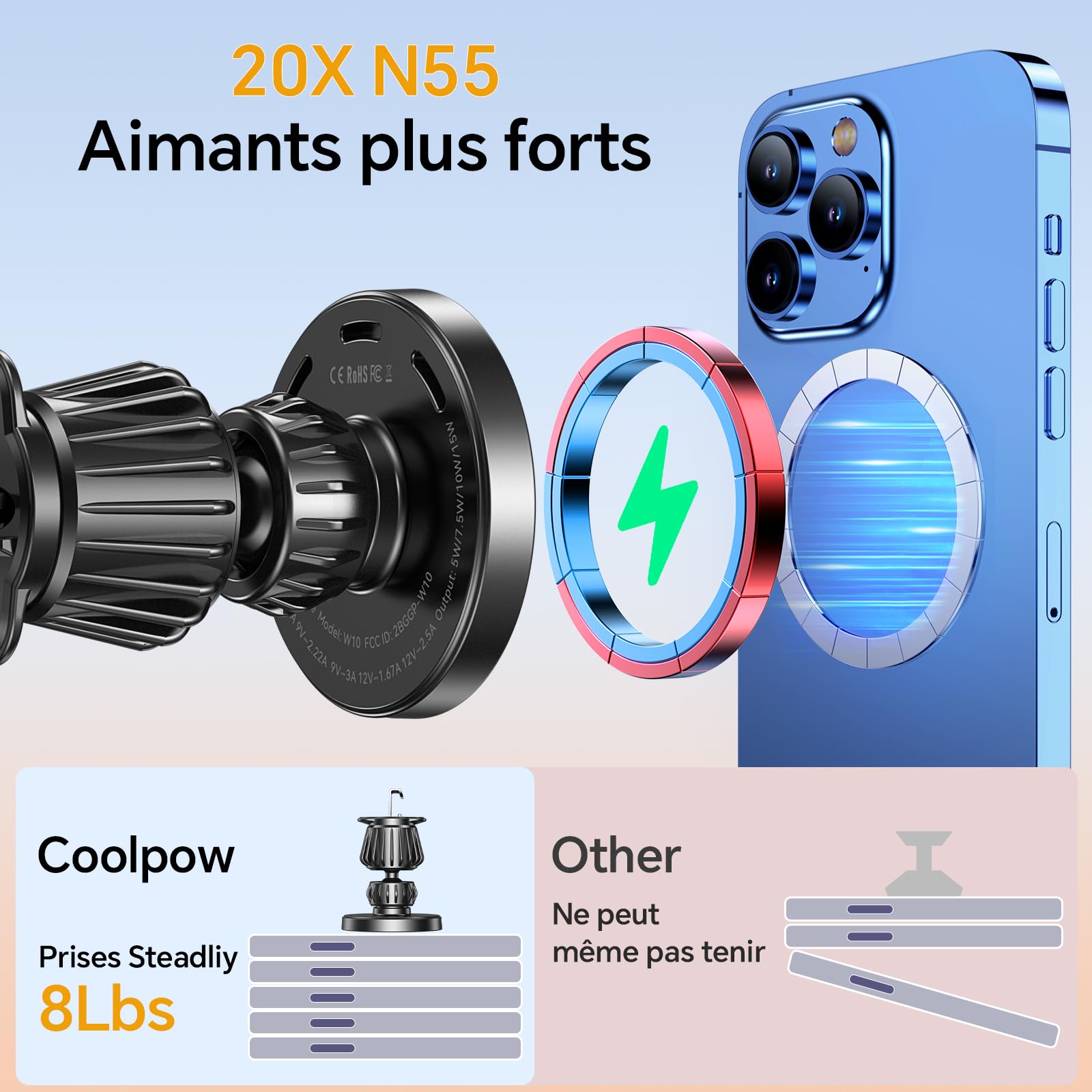 Coolpow 15W Support Telephone Voiture Induction【Super Aimants】Chargeur Magsafe Voiture Accessoires Support Aimant Telephone Voiture Magnetique Chargeur sans Fil pour iPhone 17 16 15 une coque MagSafe