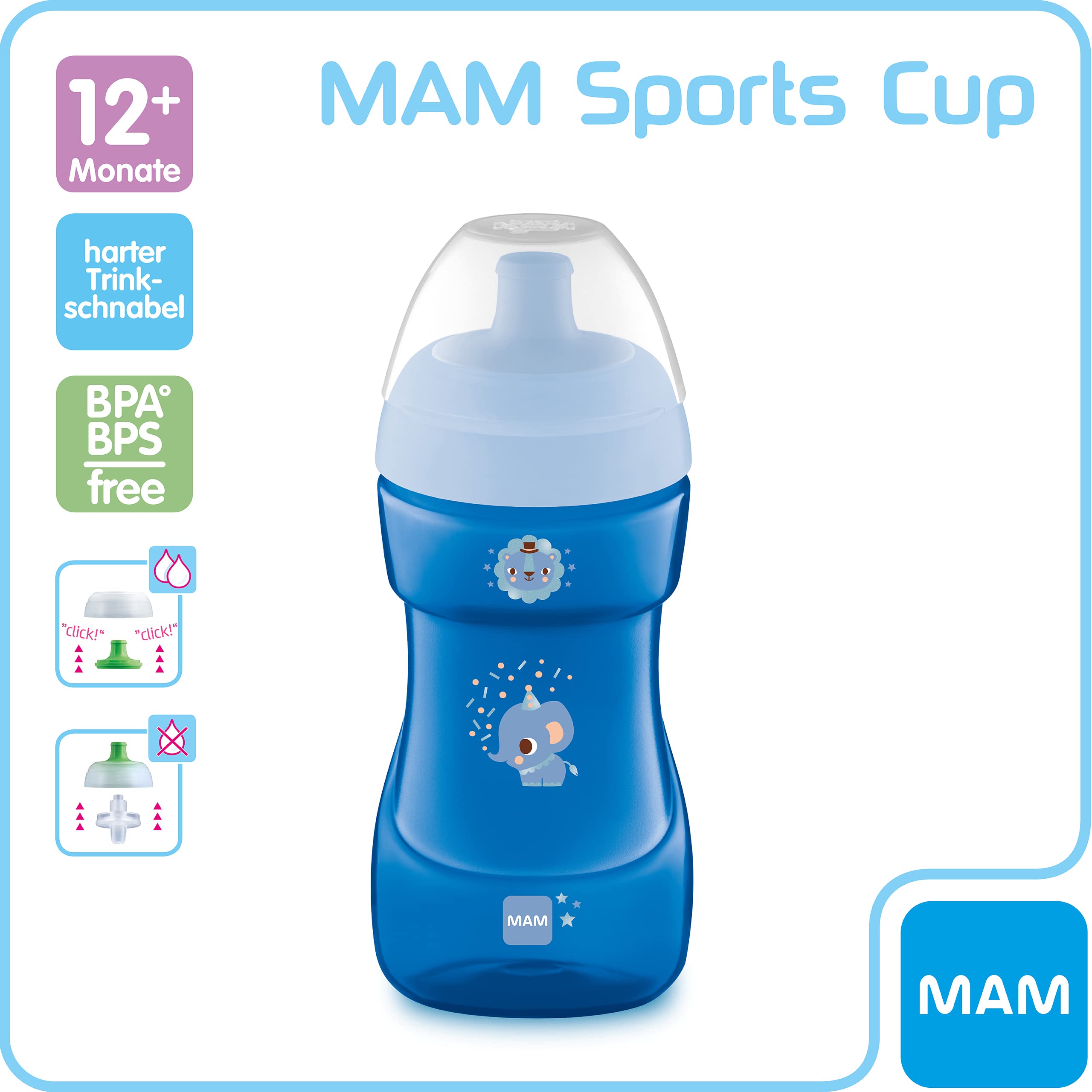 MAM Bicchiere sportivo (330 ml), a prova di perdite, con valvola autoapribile, con superficie antiscivolo e impugnatura, a partire da 12 mesi, elefante