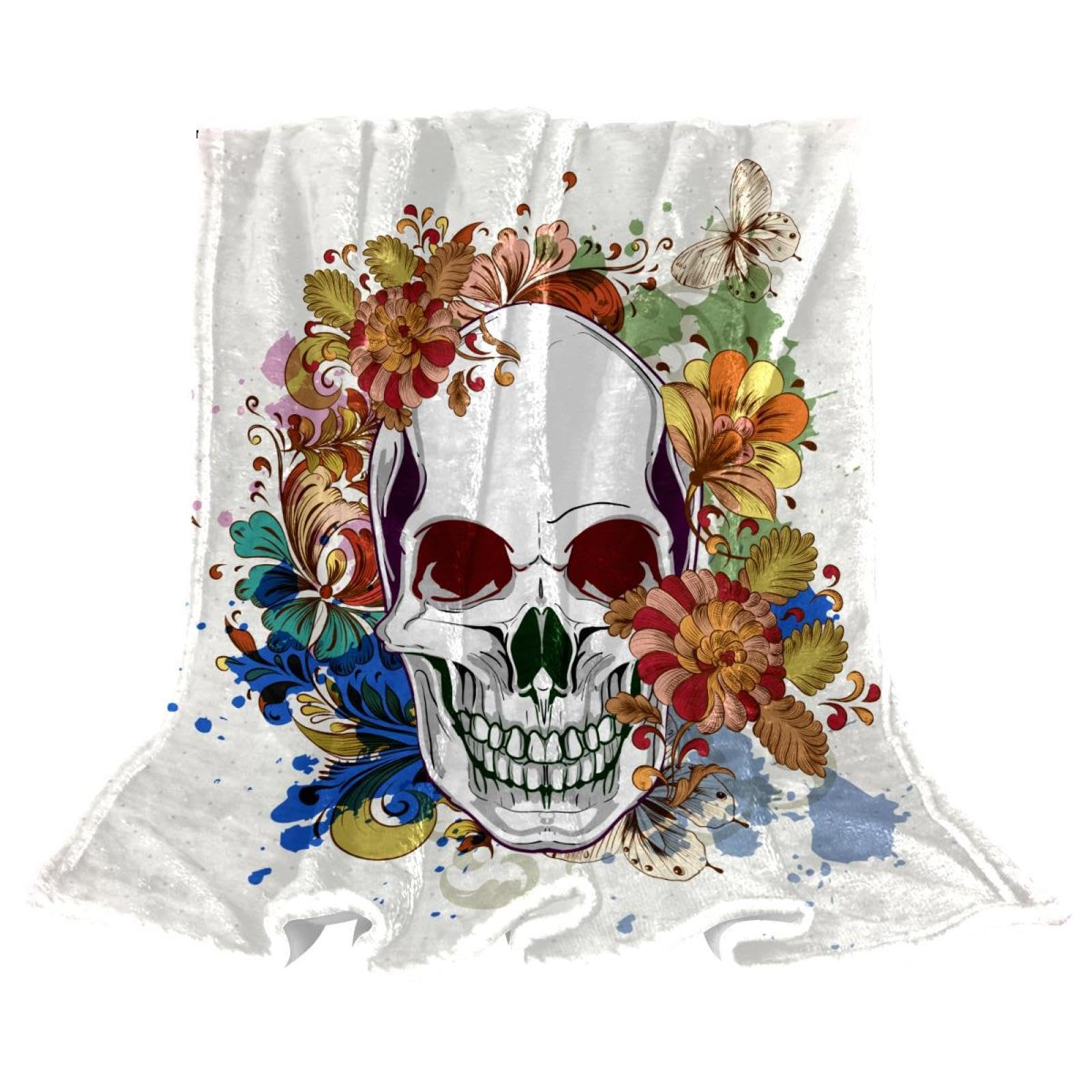 Couverture Polaire Tête De Mort Fleurie Plaid Grand Lit et Canapé de Salon