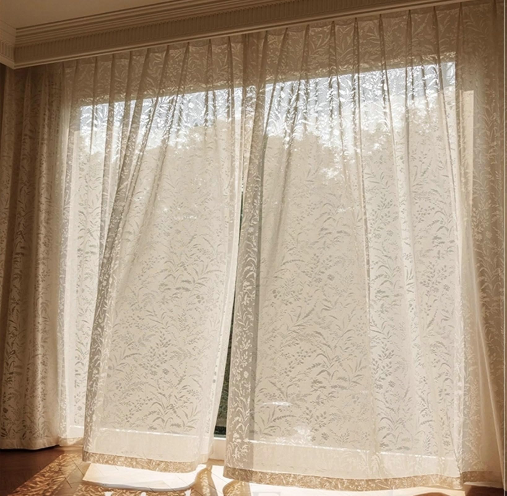 Zasłony przezroczyste, 229 cm długości, z woalu, na przelotkach, zestaw 2 sztuk, beżowe, koronkowe, gałązki drzewa, kwiaty, żakardowe zasłony do sypialni, pokoju dziecięcego, salonu, 107 x 229