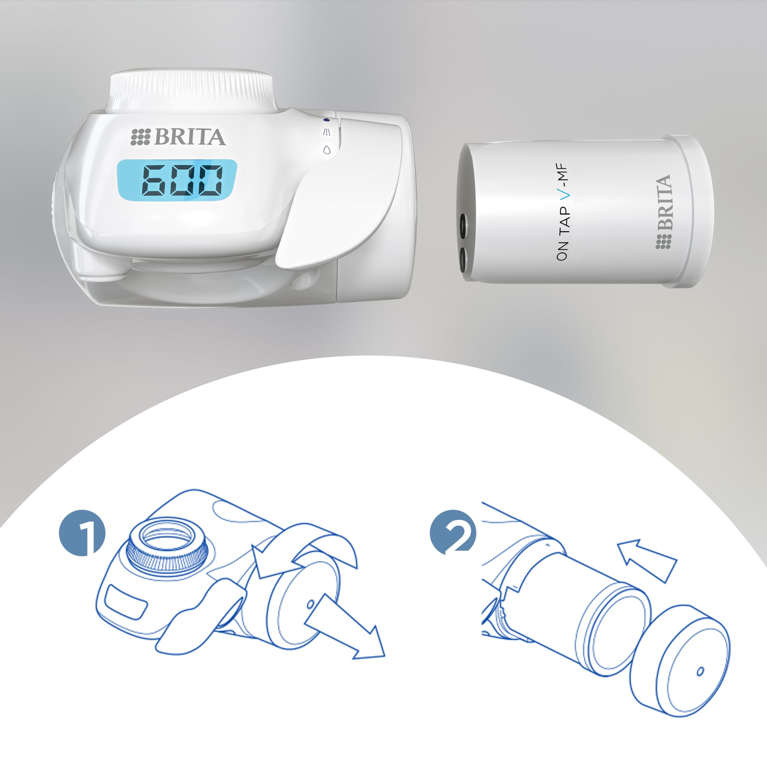BRITA ON TAP Pro V-MF incl. 1 x filtro acqua rubinetto V-MF (600L) - riduce cloro, 99,99% dei batteri, PFAS - display contalitri digitale