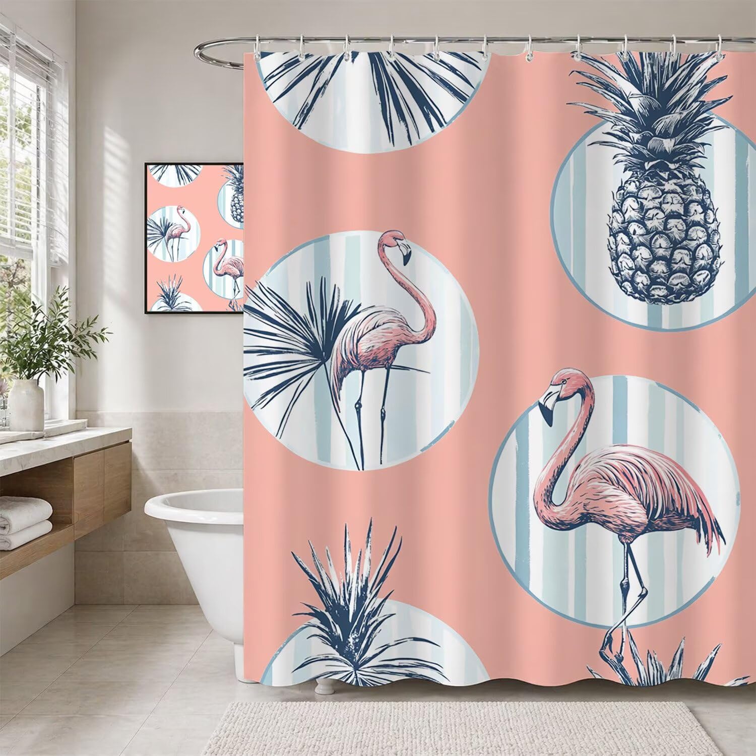 Rideau douche polyester lilas flamants roses 160x180 cm avec 12 crochets