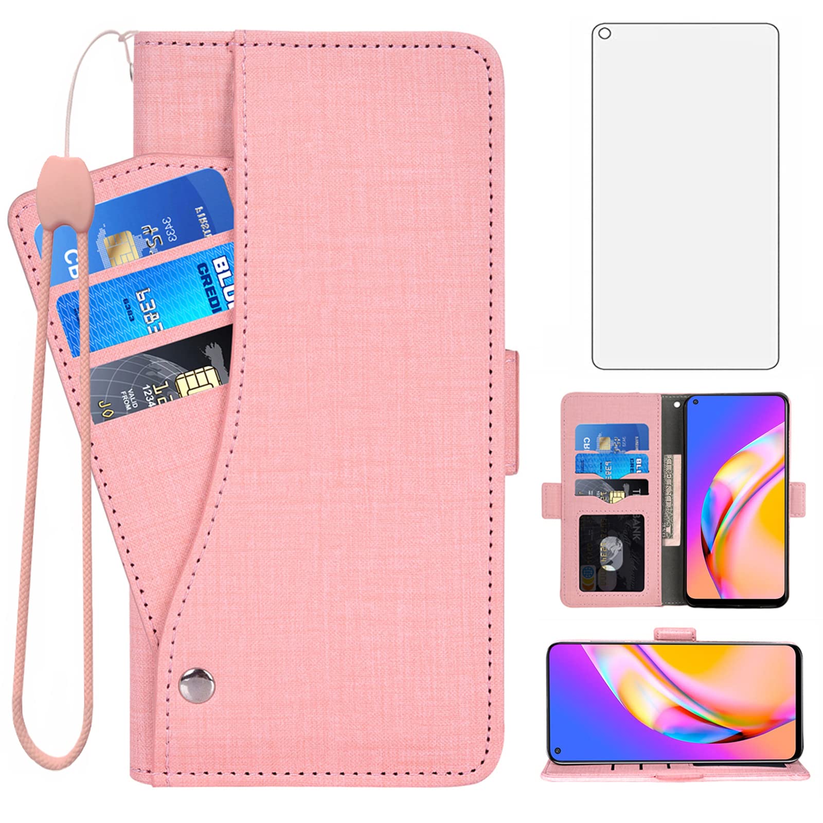 Asuwish Portafoglio Custodia Per OPPO A94 5G/A95 5G/Reno 5Z/F19 Pro+ Con Vetro Temperato E Cinturino