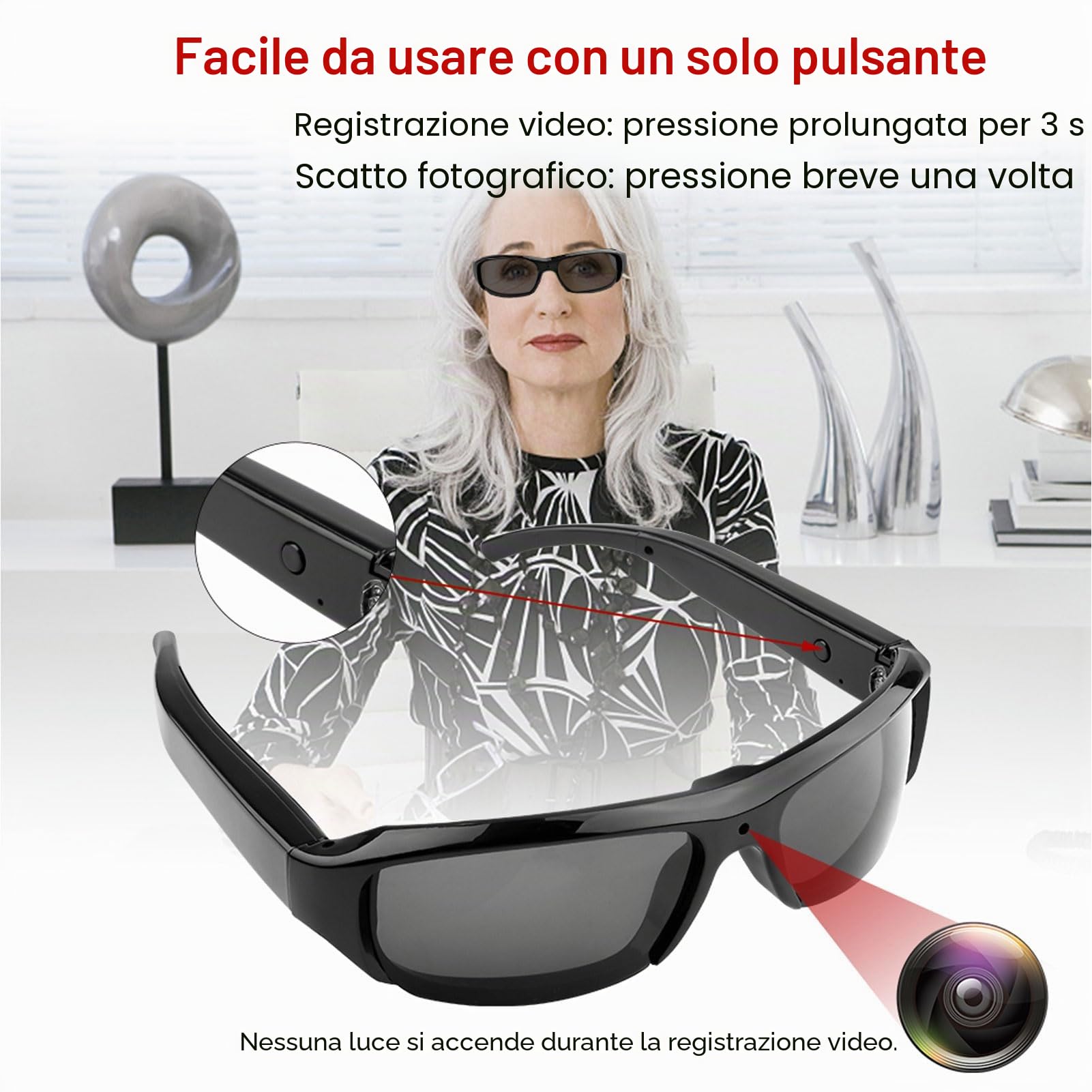 Tosuny Occhiali Intelligenti con Fotocamera 1080P, Occhiali per Action Cam con Obiettivo Grandangolare da 120°, Anti-Vibrazione Intelligente, Registrazione in Loop, Occhiali da Sole