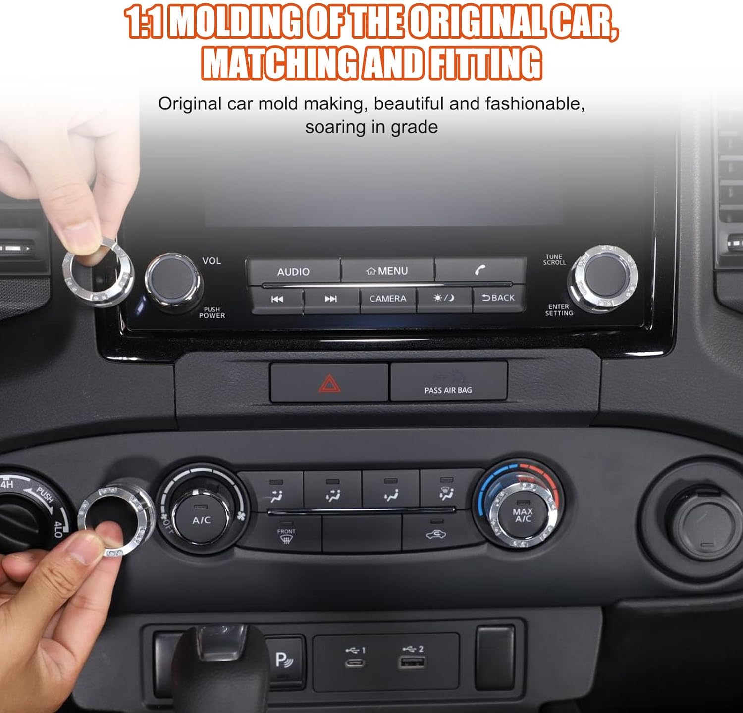 4PCS Air Conditioner Switch Knob Cover Compatible with Nisan Frontier 2022-2024,Aluminum Alloy Mecha Style Air Conditioner Stereo Volume Switch Knob Ring Covers Car Interior Accessories (Silver)