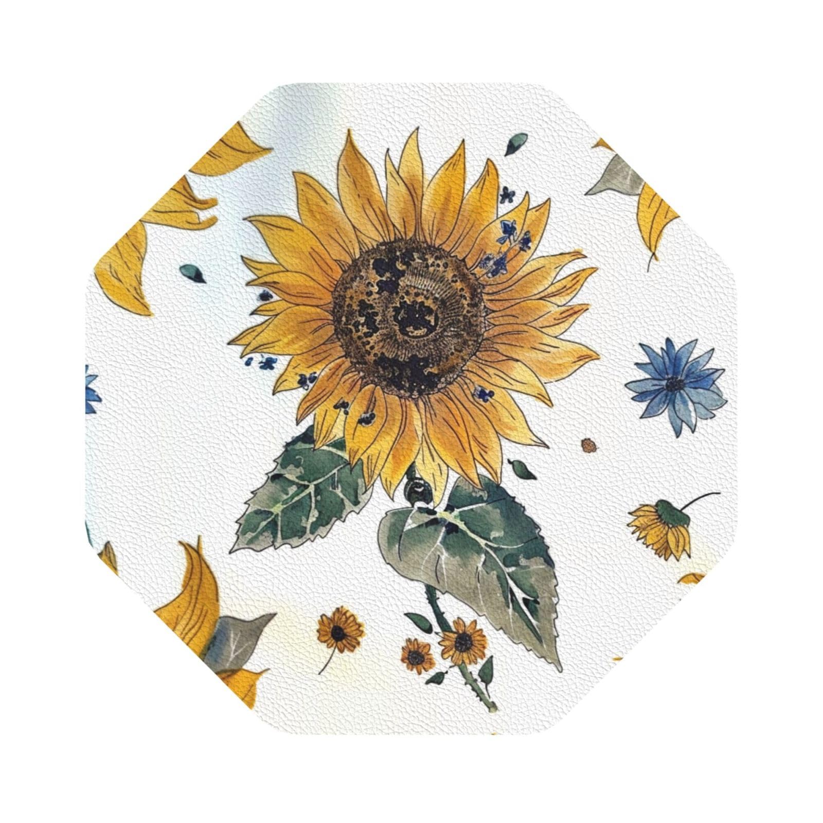 Sunflower Print Leather Coaster Set of 6, Octagon Coasters Table Decorative Coffee Cup Beverage Coasters Wine Beer Bar Coasters for Hot Drinks Table Protection
