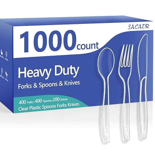 SACATR 1000 Count Plastic Silverware Heavy Duty - 400 Forks, 400 Spoons, 200 Disposable Knives, BPA-Free, Disposable Plastic Cutlery Set, Plasticware Suitable for Party Everyday Use ﻿