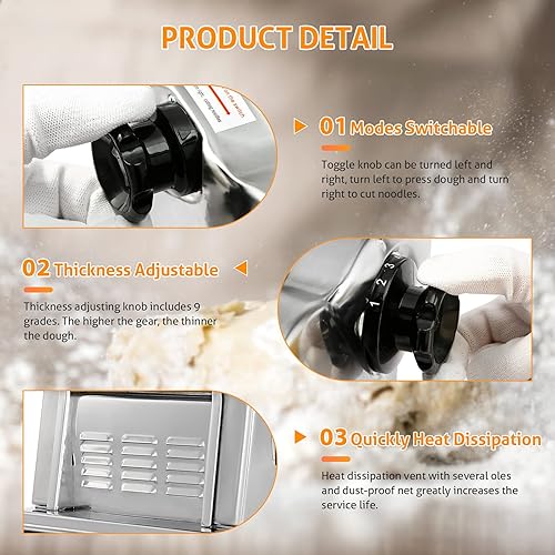 Miniatura 3 de Máquina Eléctrica para Hacer Pasta WICHEMI 3 EN 1 Rodillo de Masa para Espaguetis Prensa de Fideos de Acero Inoxidable 135W para Uso Familiar en