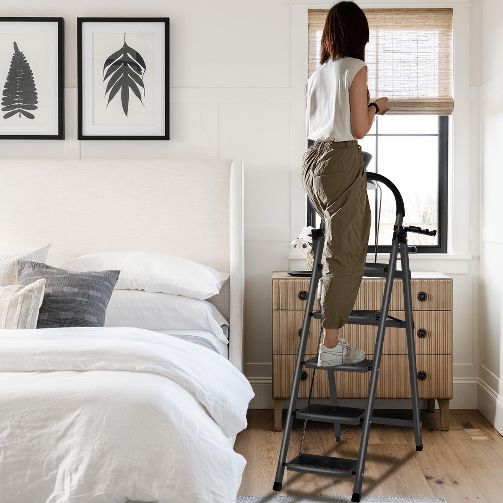 Escabeau Pliable 5 Marches avec Plateau à Outils et Mains Courantes, pour Maison Cuisine Garde-Manger Placards Bureau, Échelle Marche Pied Pliante 5-Level pour Intérieur Extérieur (Noir)
