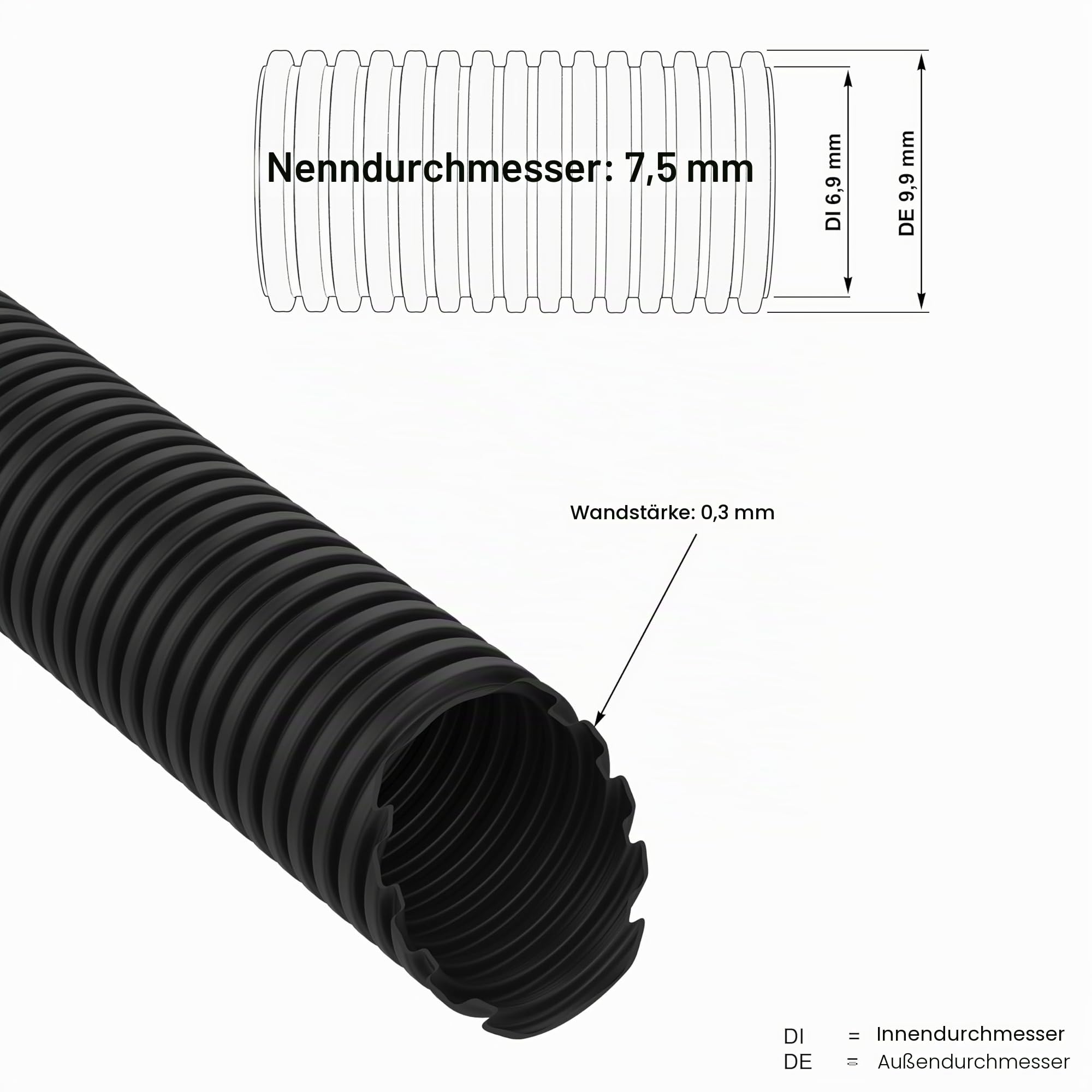 AUPROTEC Wellrohr ungeschlitzt 2 bis 50m / Leerrohr für Erdkabel/Wellrohr UV beständig/Kabelschutzschlauch/Kabelschlauch schwarz - Innendurchmesser 7,5 mm, Länge 50 m