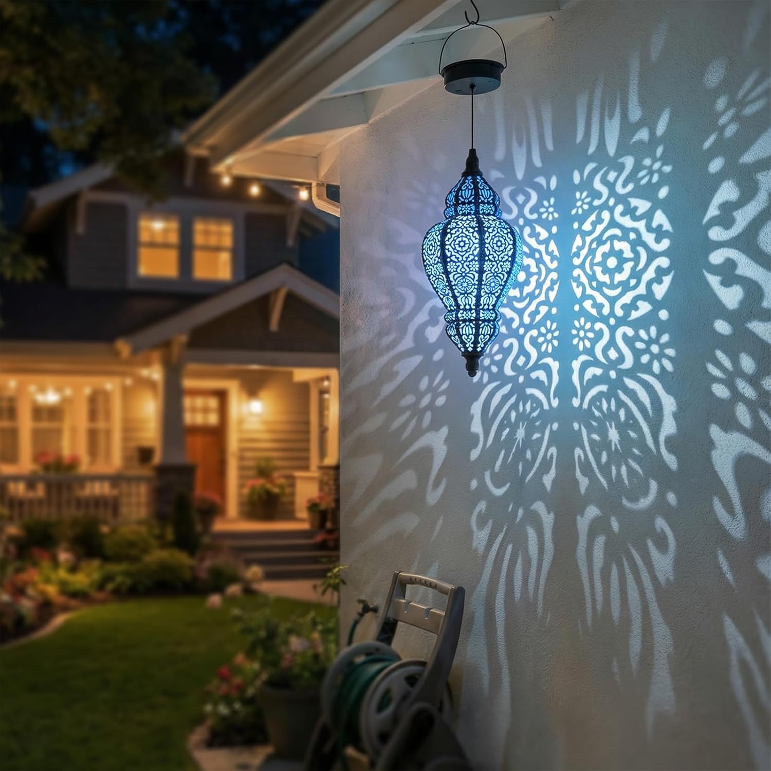 Moroccan Hanging Solar Lights Outdoor Lantern Bidirectional Availabili Garden Decor Waterproof Plastic Blue Decorations for Patio Pathway Yard Backyard Solar Powered Garden Decorative (Black, 1)