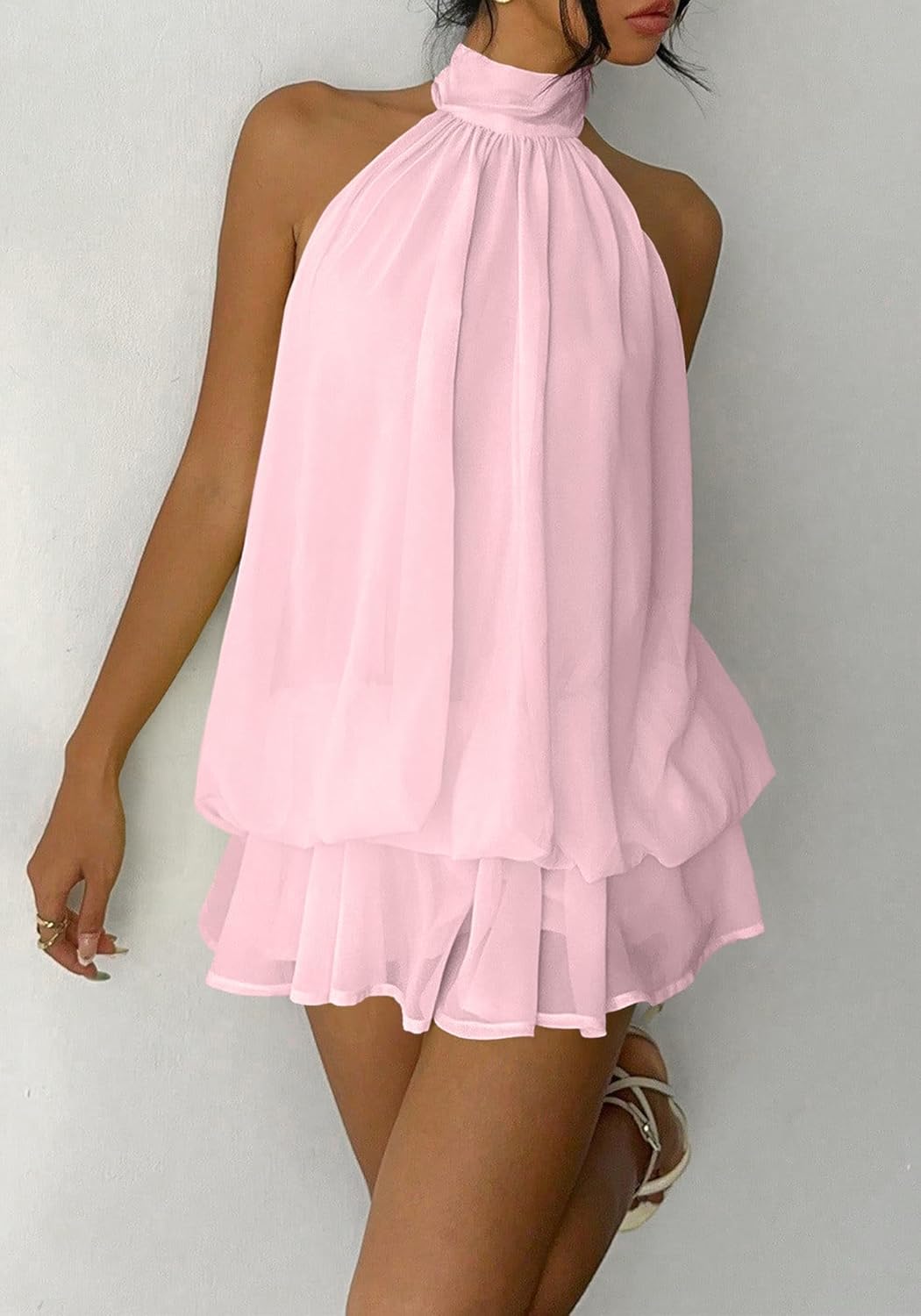 Women's Chiffon Halter Drop Waist Mini Dress Wedding Guest Dresses Ruffle Formal Holiday Club Brunch Outfits - Image 6