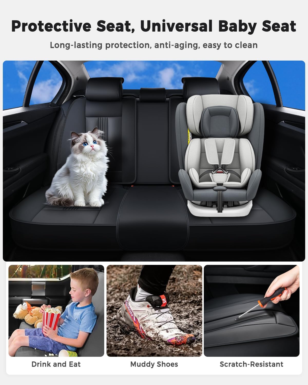 Huidasource Back Seat Covers, Rear Seat Cover Nappa Leather with Velcro Adjustable, Ventilation Heating, Compatible with Child Seats, Seat belts, Armrests Universal Fit for Most Cars SUV Trucks, Black