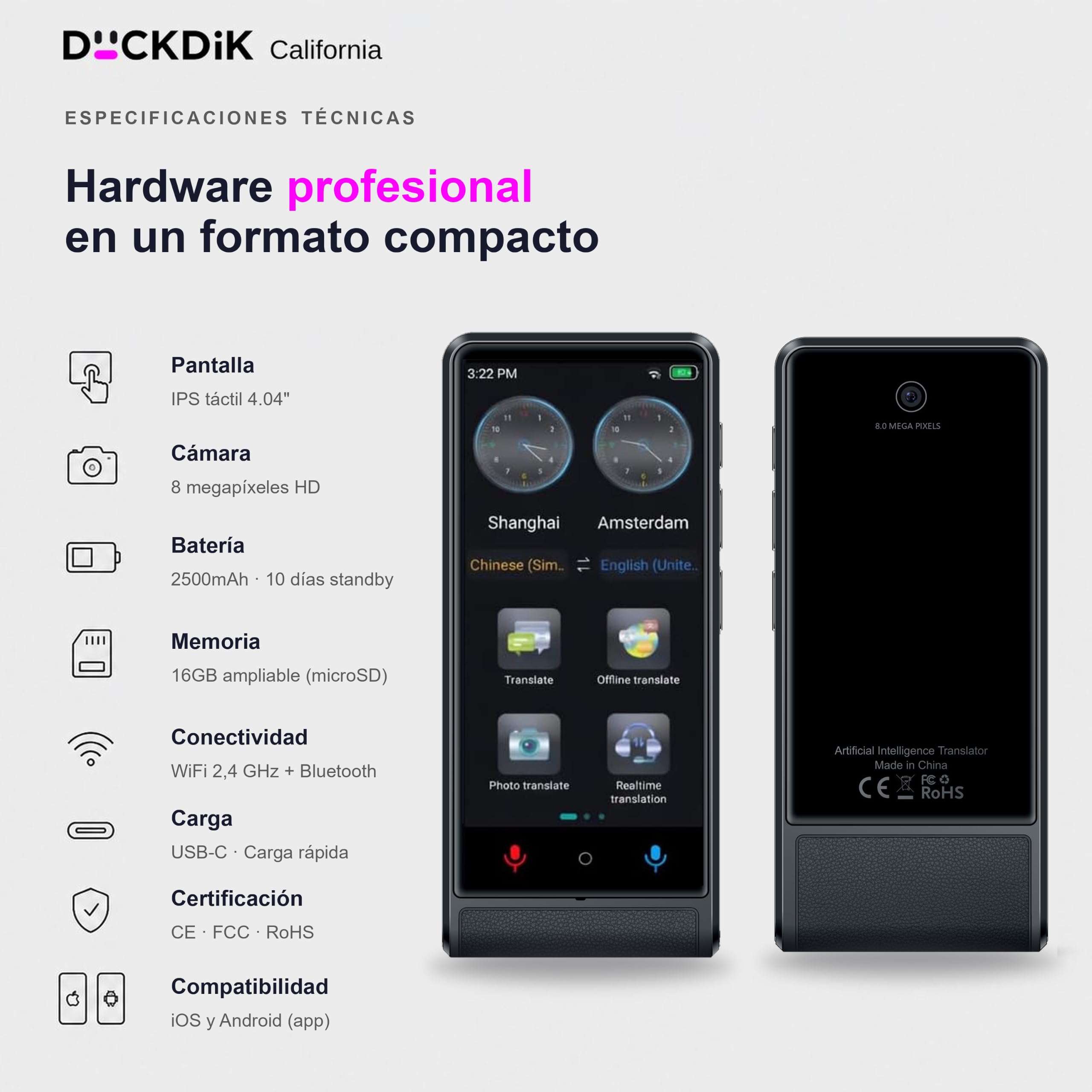 California, Traductor de Idiomas Instantáneo de Voz 2026 + App Traducción Offline Incluida de por Vida (Valor 120€/año) — 142 Idiomas Online, 22 Offline + 59 en App, Pantalla Táctil 4", IA