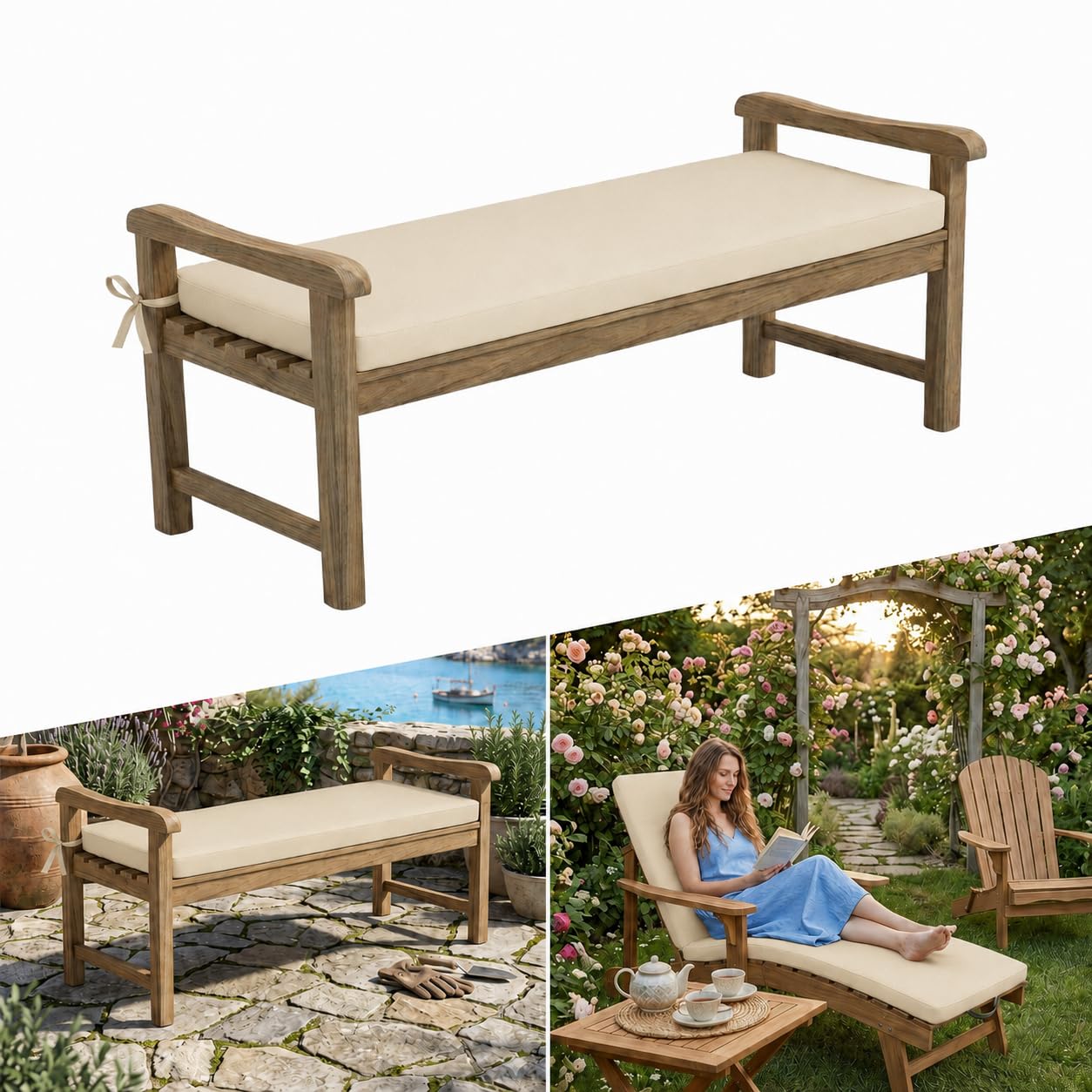 AZMAHT Waterproof Garden Bench Cushion Outdoor Furniture Cushions 2 3 4 Seater Garden Cushions 5cm Thick Bench Seat Pad with Straps & Removable Cover for Patio Swing Seat Sofa,beige,70x40x5cm