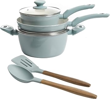 Gibson Home Plaza Cafe Forged Aluminum Healthy PFA-Free Ceramic Pots and Pans Cookware Set, 7-Piece Set, Sky Blue