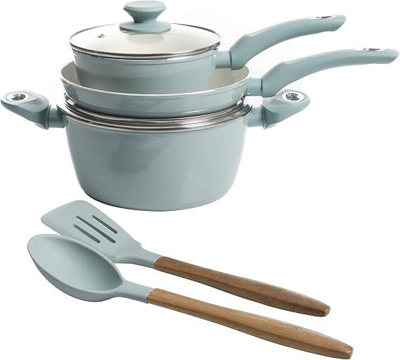 Gibson Home Plaza Cafe Forged Aluminum Healthy PFA-Free Ceramic Pots and Pans Cookware Set, 7-Piece Set, Sky Blue