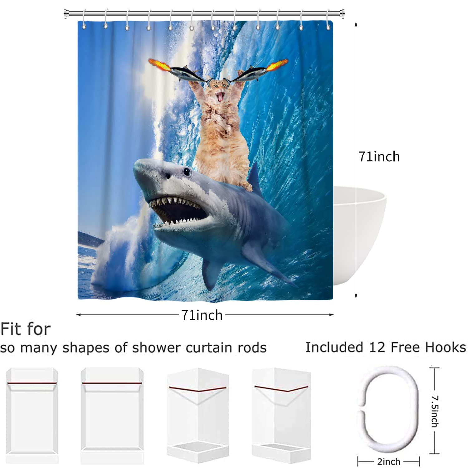 Rideau De Douche Drôle Chat Sur Requin 180x200 Cm – Océan Vagues Poisson Mignon, Imperméable Polyester, Rideau Baignoire Enfants Garçons