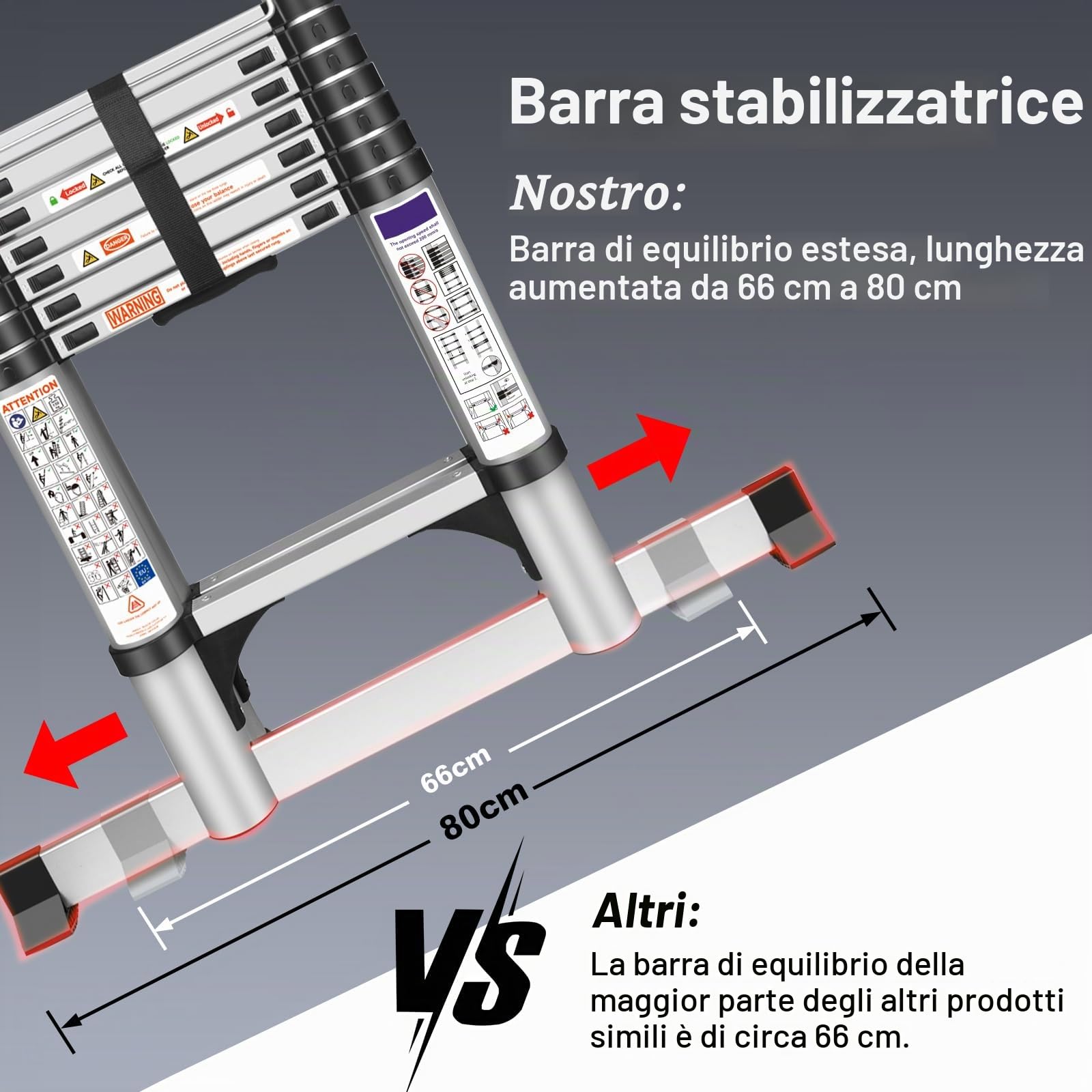 Scala Telescopica Pieghevole Argento 5 Metri | Alluminio, Scala di Alta Qualità con Stabilizzatore, Scala Multiuso e Allungabile, Robusta Portatile, Scala da Appoggio