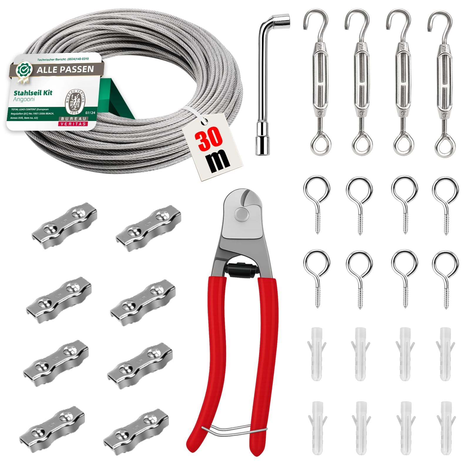 Angooni Lote de 31 cables de acero inoxidable 304, 30 m, 4 mm, tensor de cable de acero inoxidable 304, con ojales, tutores para plantas trepadoras, cuerda para tender ropa, luces, etc