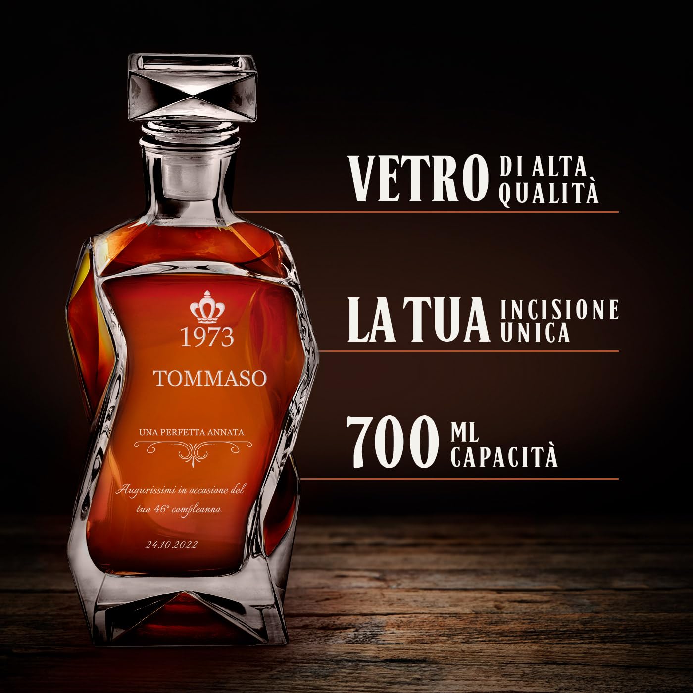 Maverton Set Decanter per Whisky in vetro - da 700 ml - incisione personalizzata - Caraffa con 2/4/ 6 bicchieri - idea regalo per il compleanno - per l’ uomo - regalo di Natale - Un’ottima annata
