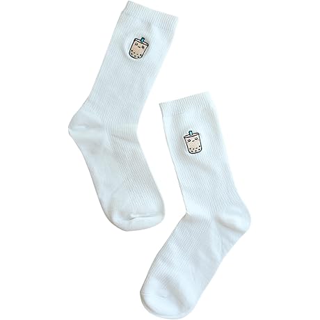 Cute Embroidered Tapioca Milk Tea Socks- Boba Tea Socks with Kawaii Bubble Tea Design