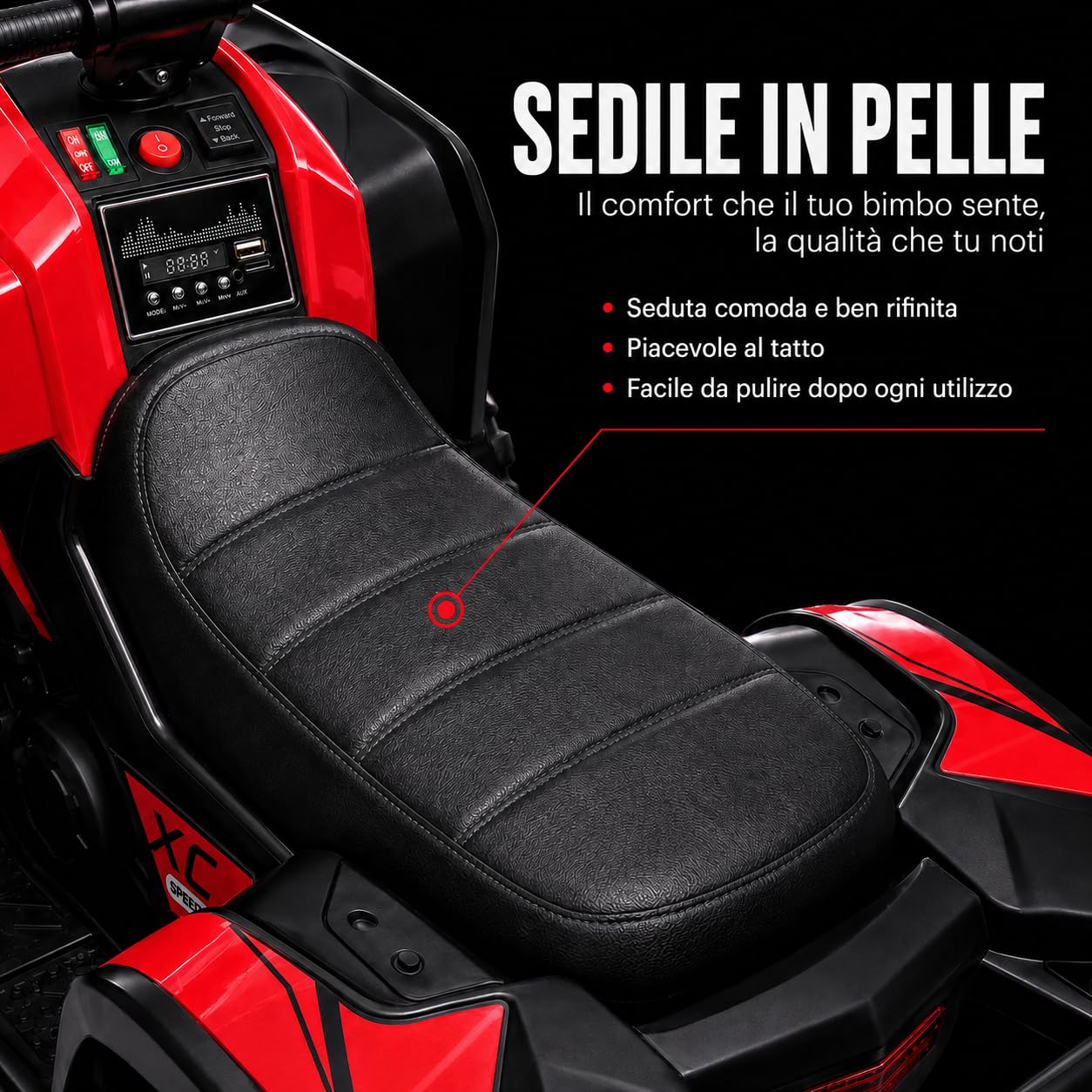 TOYSCAR Quad Elettrico per Bambini 12V Falcon X, Quad Bambini 3-5 Anni, 2 Motori 35W, Telecomando, Sedile in Pelle, Fari LED, MP3 USB, Ruote off-Road (Rossa)