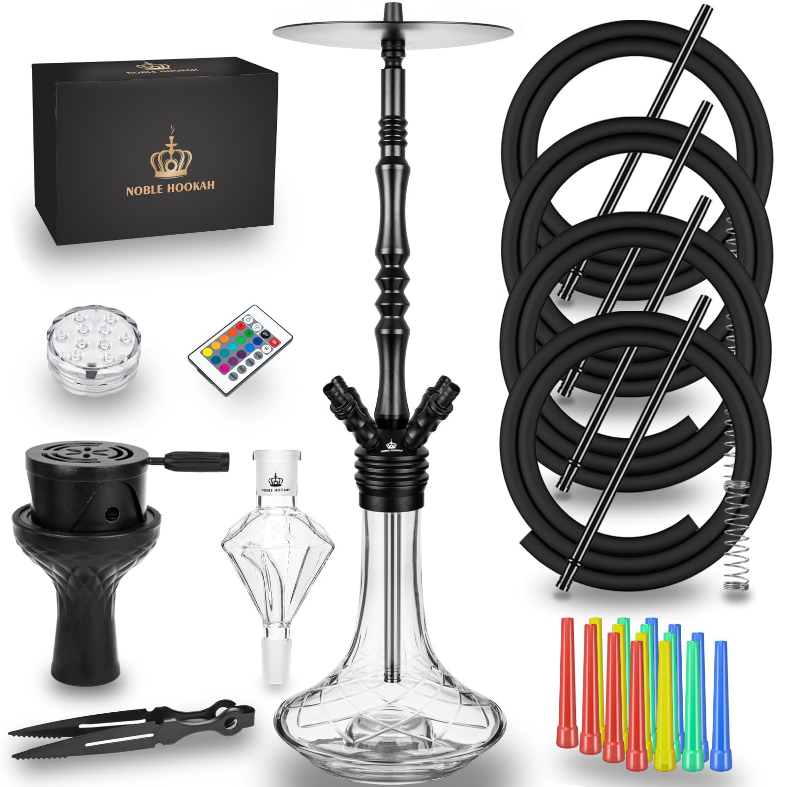 38 Premium 4 Hose Hookah Complete Set with Everything Luxury Shisha Set with LED Light Stainless Steel Hookahs