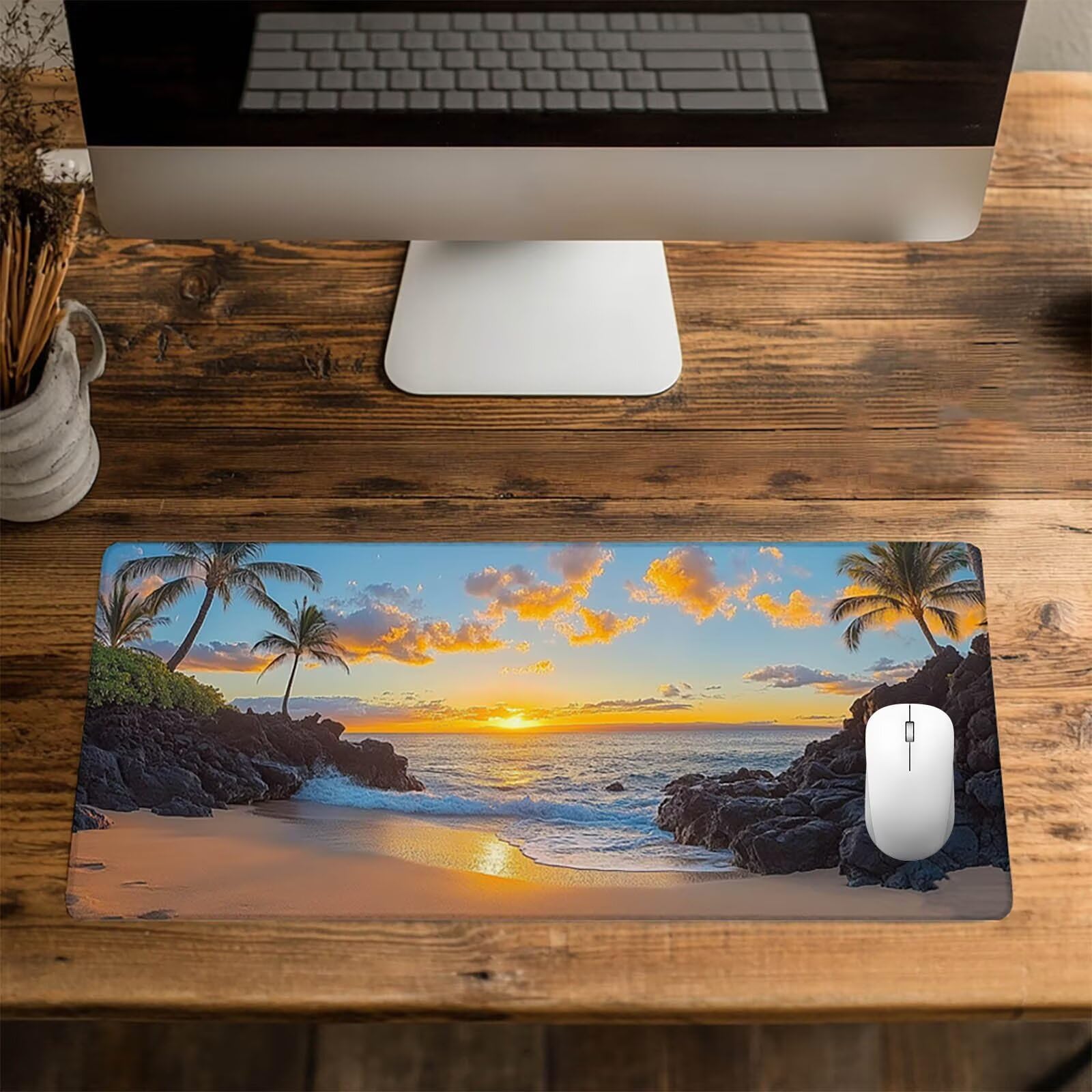 Podkładka pod mysz XXL 1000 x 500 x 3 mm, duża mata na biurko, plaża, szyte krawędzie, antypoślizgowa i wodoodporna, podkładka pod mysz z zachodem słońca kompatybilna z bezprzewodową klawiaturą i