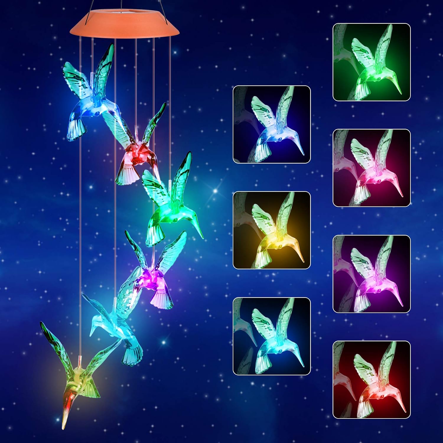 Solar Hummingbird Wind Chime Waterproof Color Changing Solar Powered LED Mobiles for Home Garden Outdoor Patio Party Night Hanging Decoration