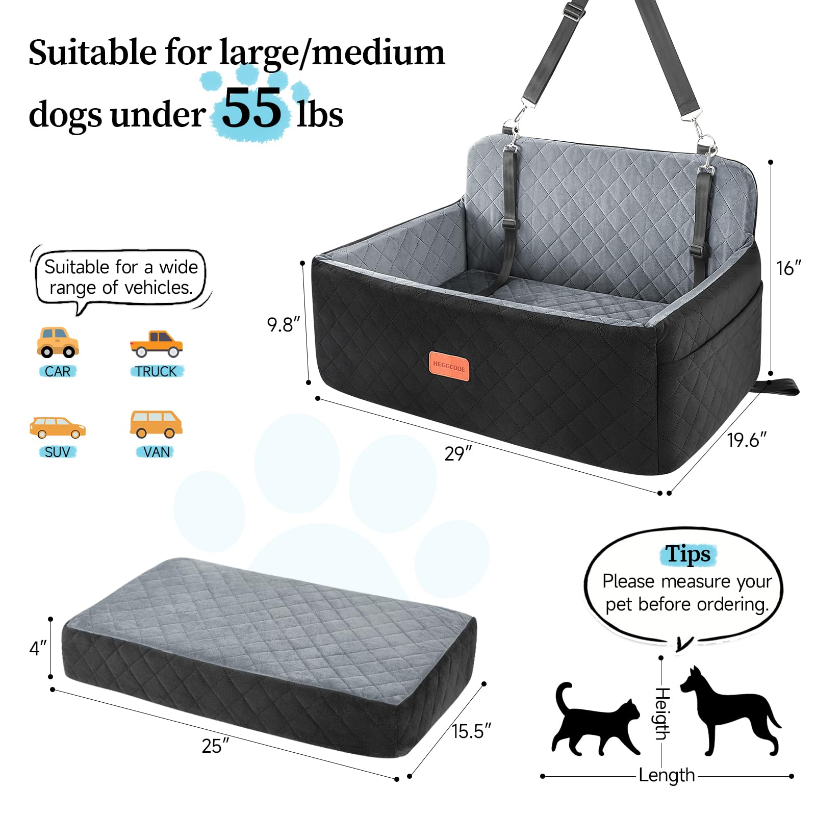 HEGGCOOE - Asiento de coche para perros medianos y grandes, elevador para mascotas <25 kg o 2 perros pequeños, cama de coche extraíble y lavable para asiento trasero