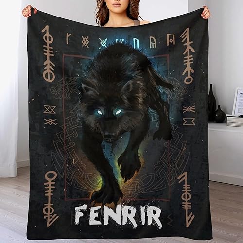 Miniatura 2 de Manta vikinga con patrón de mitología nórdica para sofá y cama, manta de franela suave y cálida para primavera, verano, otoño (color  lobo Fenrir A,