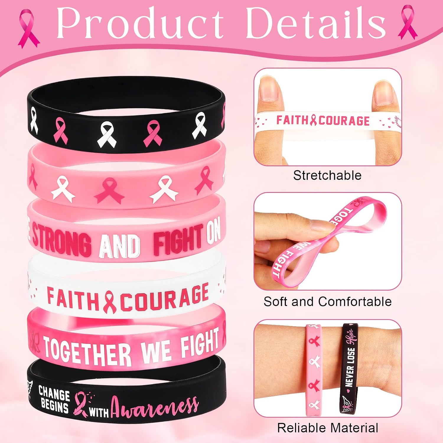 30 PCS Breast Cancer Awareness Silicone Bracelets with Pink Ribbon, Hope Faith Strength Courage Rubber Wristbands Gifts for women Girls Party Favors Supplies