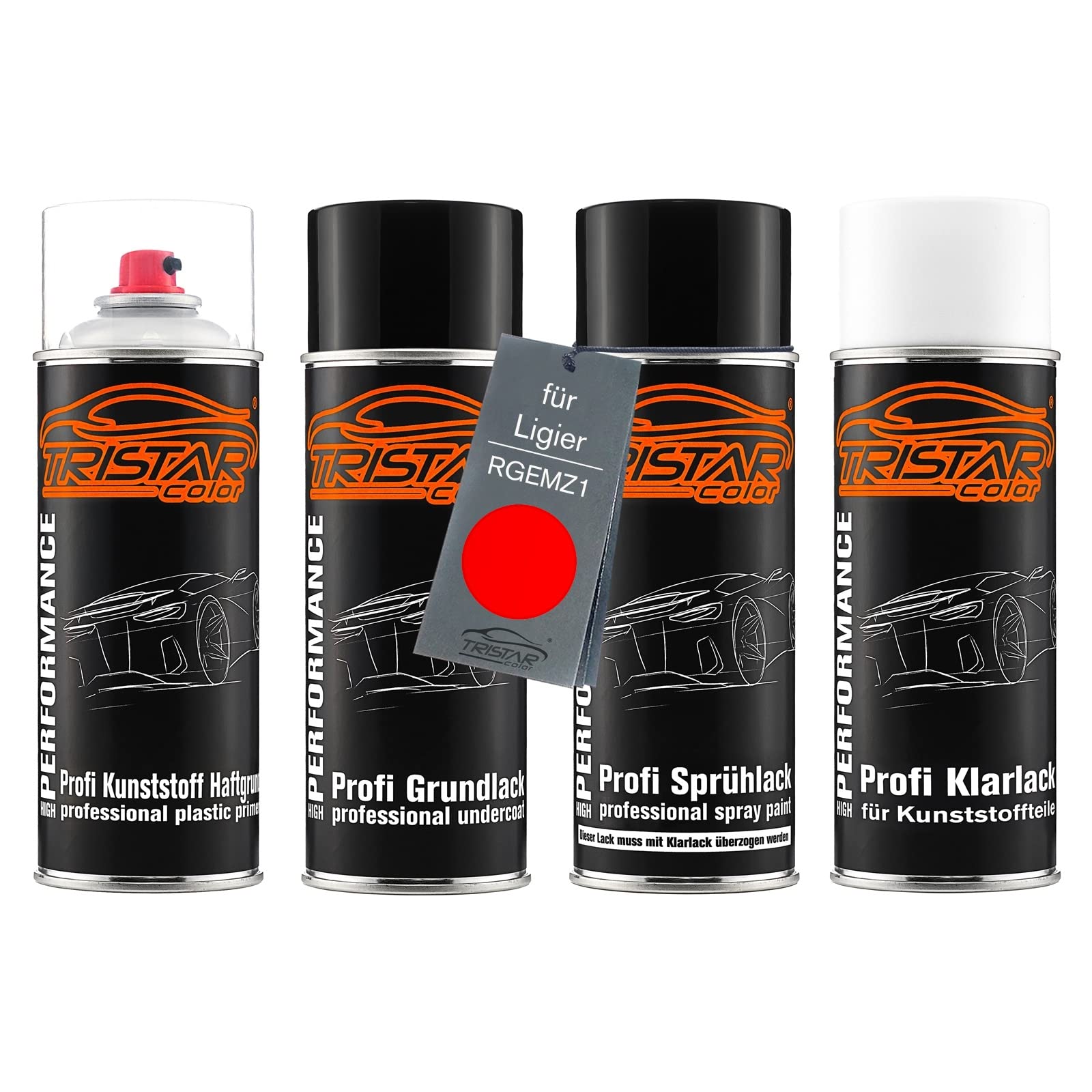 TRISTARcolor Zestaw w sprayu Lakier samochodowy do zderzaka z tworzywa sztucznego dla Ligier RGEMZ1 Rouge podkladu przyczepnego lakieru bazowego lakieru bezbarwnego z miekkim dodatkiem