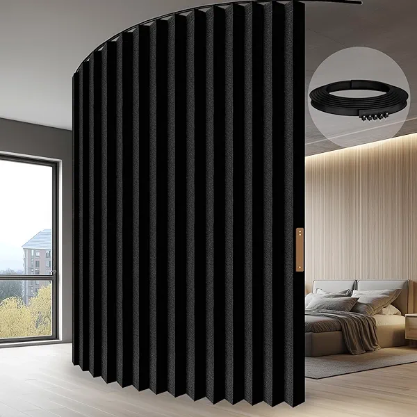 JILRON Accordion-Style Room Divider with Ceiling Track - Foldable Partition Curtain, Easy Installation(Black 100" W x 84" L-Pack of 1)