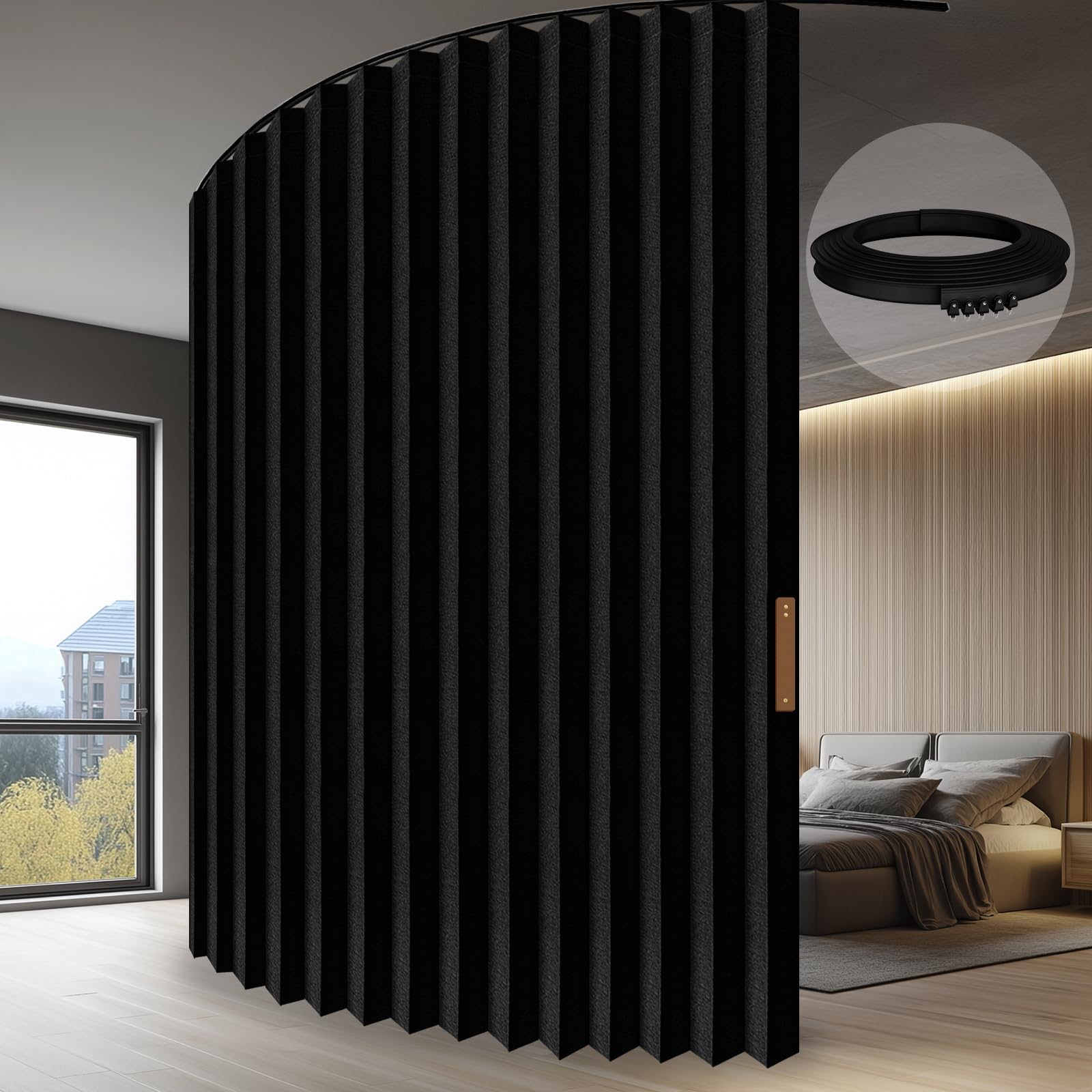 Photo 1 of JILRON Accordion-Style Room Divider with Ceiling Track - Foldable Partition Curtain, Easy Installation(Black 100" W x 96" L-Pack of 1)