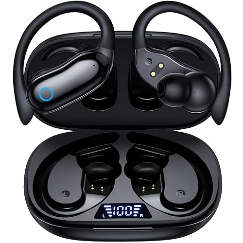 GNMN Active Noise Canceling Ear Buds Wireless Earbuds 96hrs Playback Bluetooth Headphones IPX7 Waterproof Stereo Bass Over-Ear Earphones with Earhooks Microphone LED Battery Display for Sports/Workout - Black
