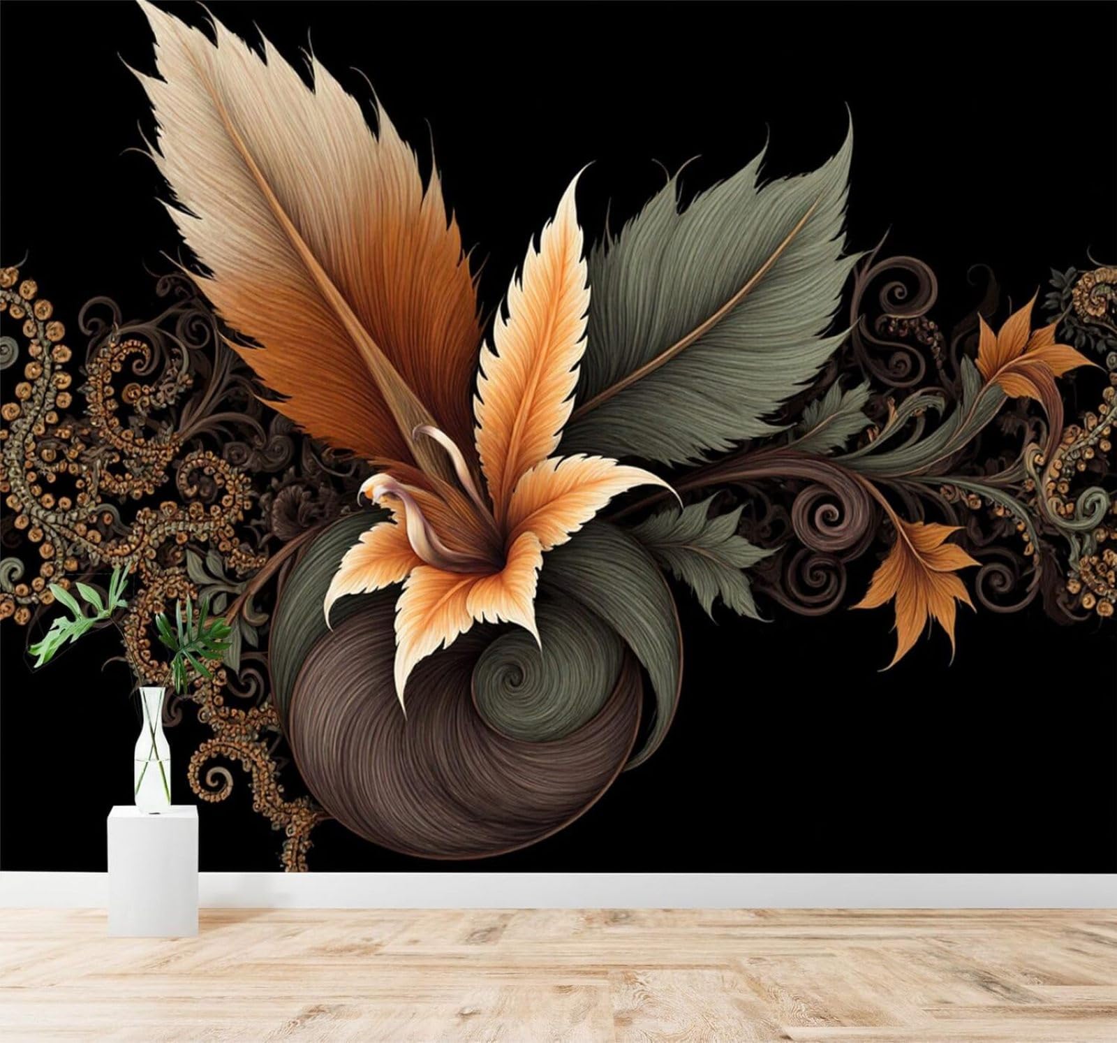 XLMING Abstract Floral Pattern Orange Green Leaves 3D Wallpaper Silky Texture Home Study Office Grey Dining Room Sofa Bedroom Living Room TV Backdrop-300cm×210cm