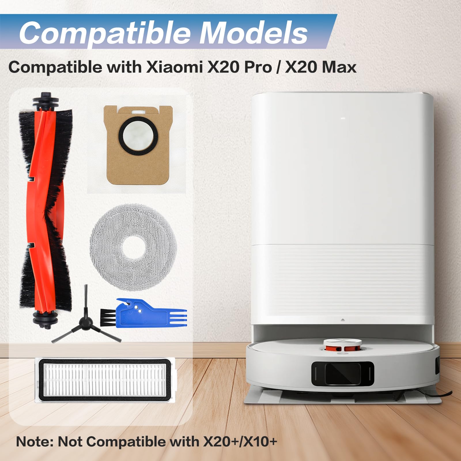 Accesorio de Repuesto Compatible con Xiaomi X20 Pro/X20 Max Robot Aspirador Recambios, 1 Cepillo Principal, 2 Filtros, 4 Cepillos Laterales, 4 Paños de Fregado, 6 Bolsas para el Polvo — view 2