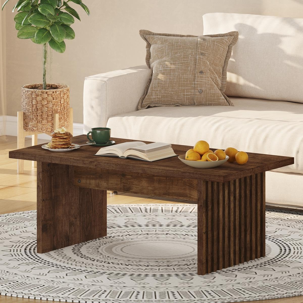 BON AUGURE Coffee Table for Living Room, Farmhouse Wood Center Table, Rectangle Mid-Century Living Room Tables, Unique Fluted Panel Coffee Tables (Rustic Oak, 43Inch) Rustic Oak 43 Inch