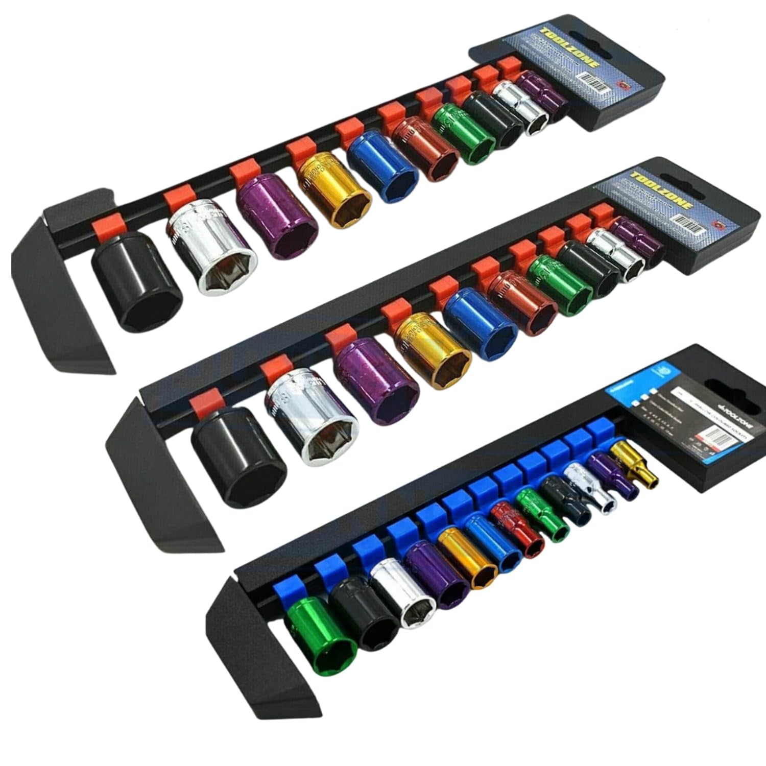 Dunnet Tools Standard Socket Sets 1/4 3/8 1/2 32pc Coloured Socket Sets 1/4" 3/8" 1/2" Inch Heavy Duty Sockets On Storage Rail Metric 4-24mm Tool Set Plumbing Electrician Mechanic Tools