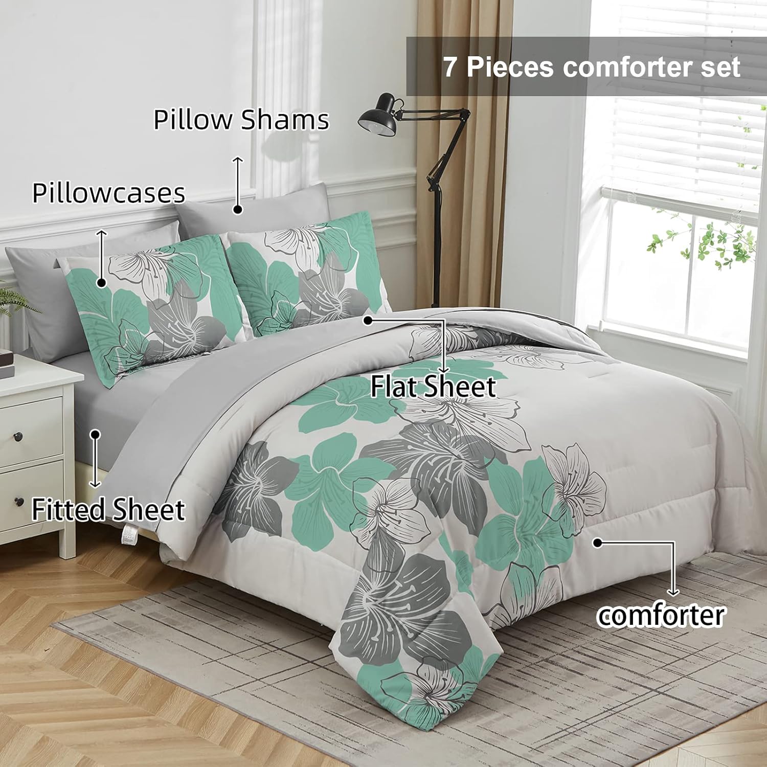 Luxudecor Floral Comforter Set Queen Size Green Floral Pattern Bedding Comforter Soft Microfiber 7 Pieces Bed in a Bag (1 Comforter, 2 Pillow Shams, 1 Flat Sheet, 1 Fitted Sheet, 2 Pillowcases) Queen Green