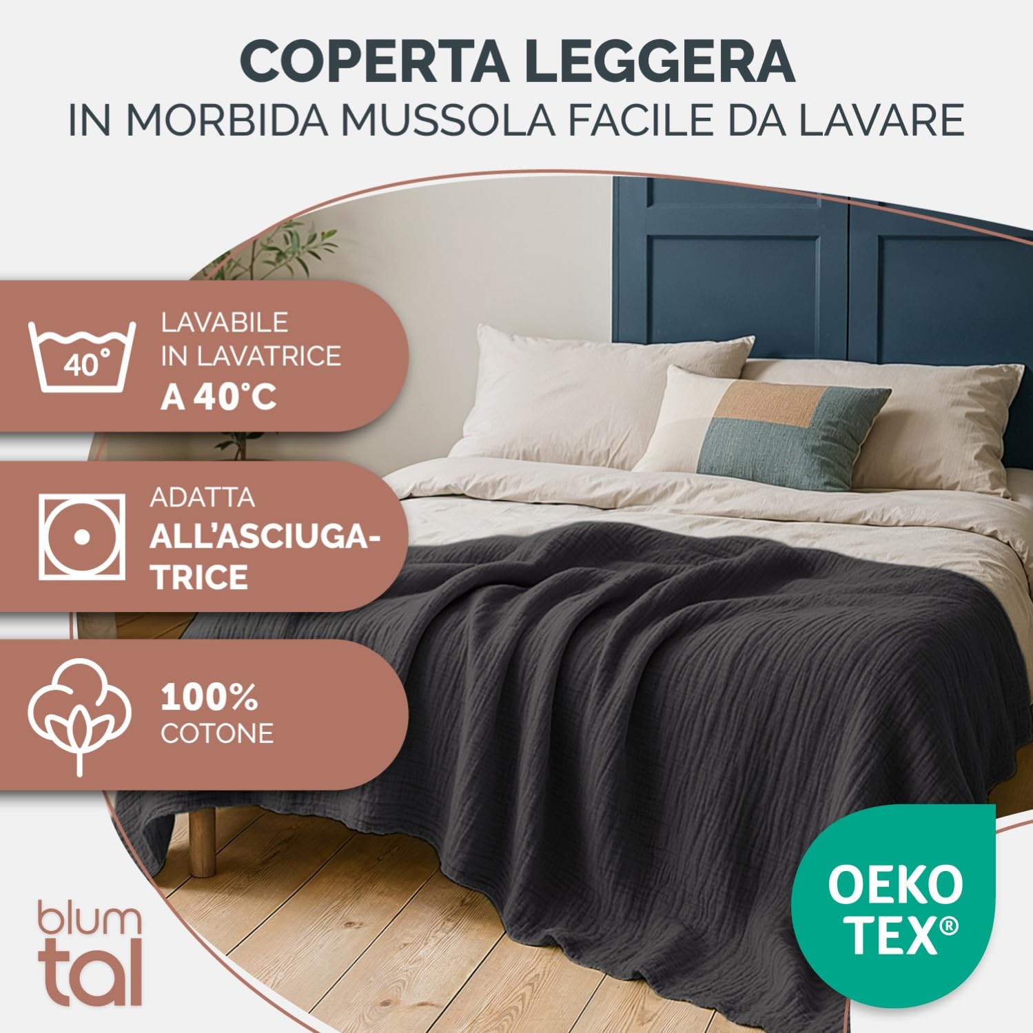 Blumtal Coperta Mussola Matrimoniale 150x200 cm - Certificata OEKO-TEX - Cotone Estivo 100% - Colore Antracite