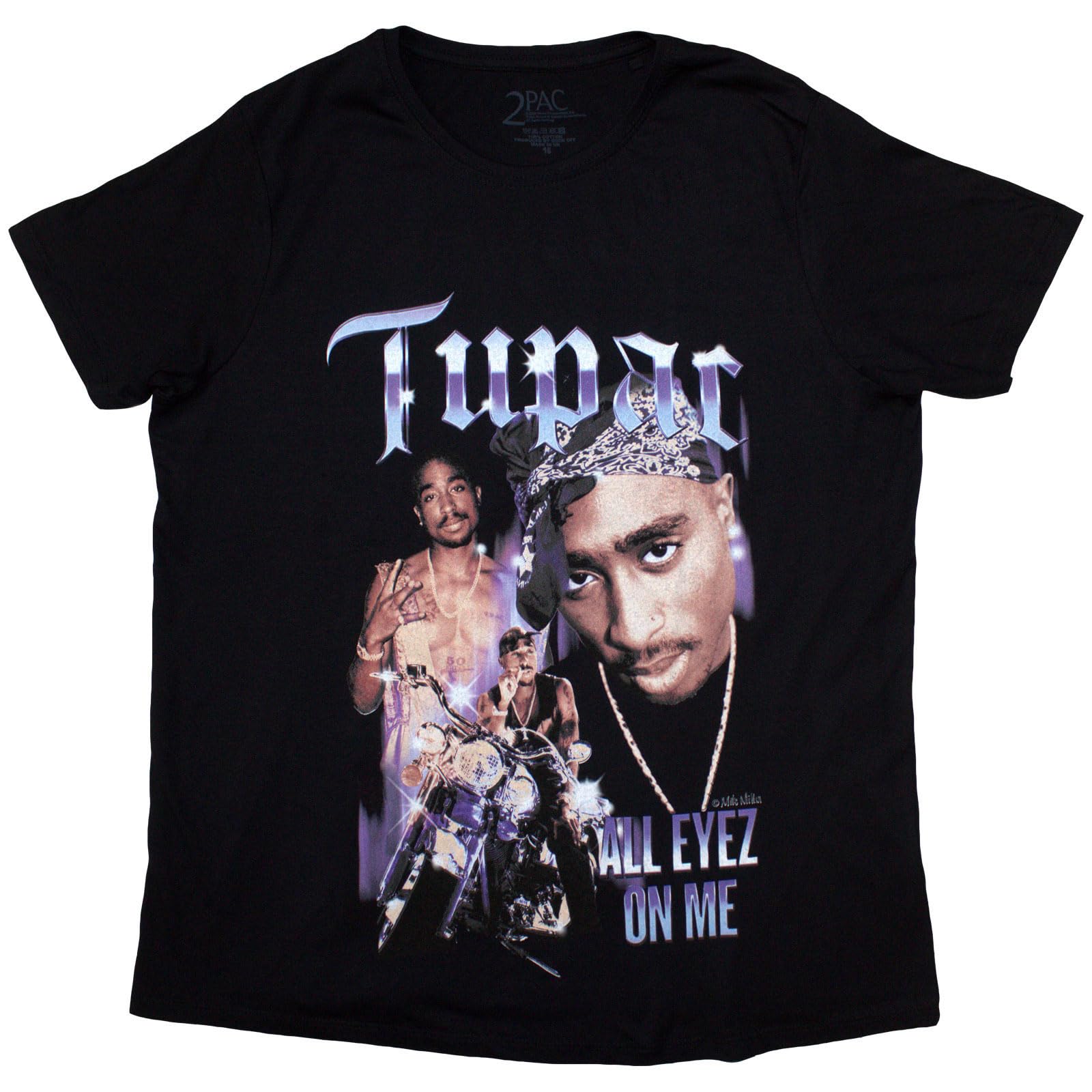 Tupac Shakur Women's Black Tupac T Shirt 2Pac All Eyez Blue Homage Logo Official Skinny Fit L