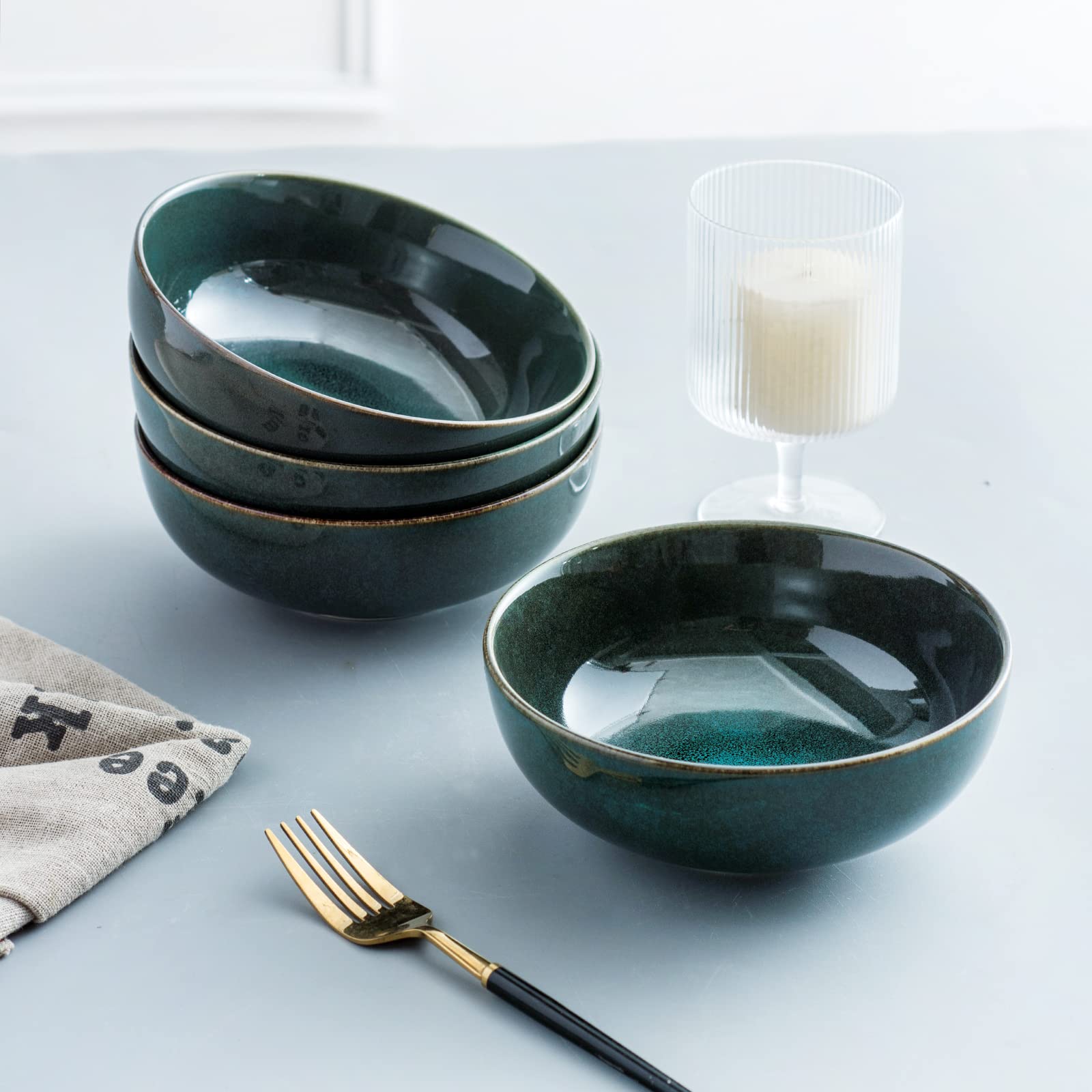 UNICASA Ciotole Insalatiere, Set Scodelle Ceramica 4 Unità, Ciotole da Colazione per CerealiInsalata/Zuppe, Diametro 16 cm Colore Verde, Servizi Combinati Adatto per Lavastoviglie